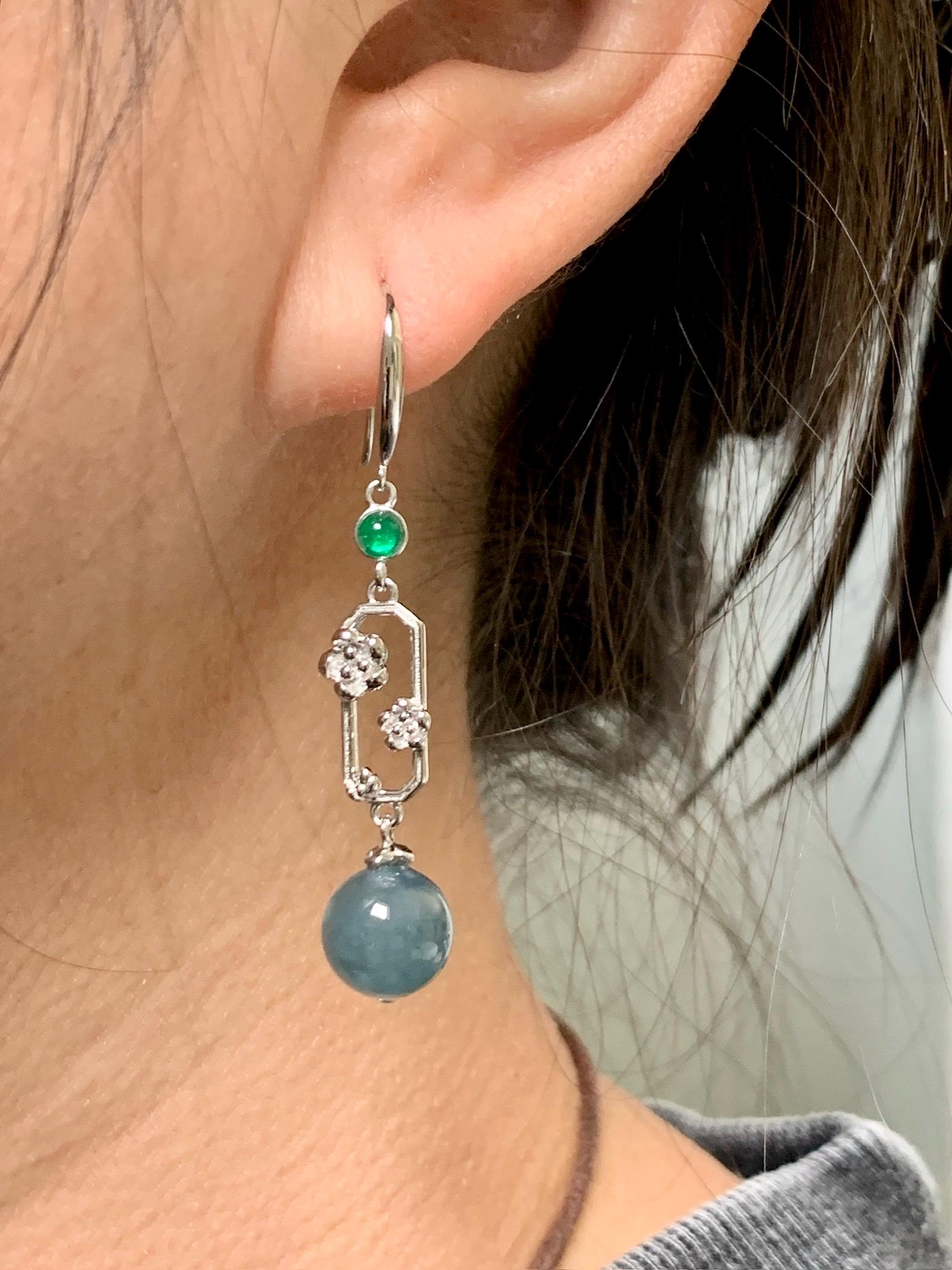 Natural Guatemalan Grade A Icy Highly Translucent Dusty Blue Jade Jadeite Beads Hook Dangle Earrings Sterling Silver 天然冰危蓝翡翠圆珠耳钩 DZCH110