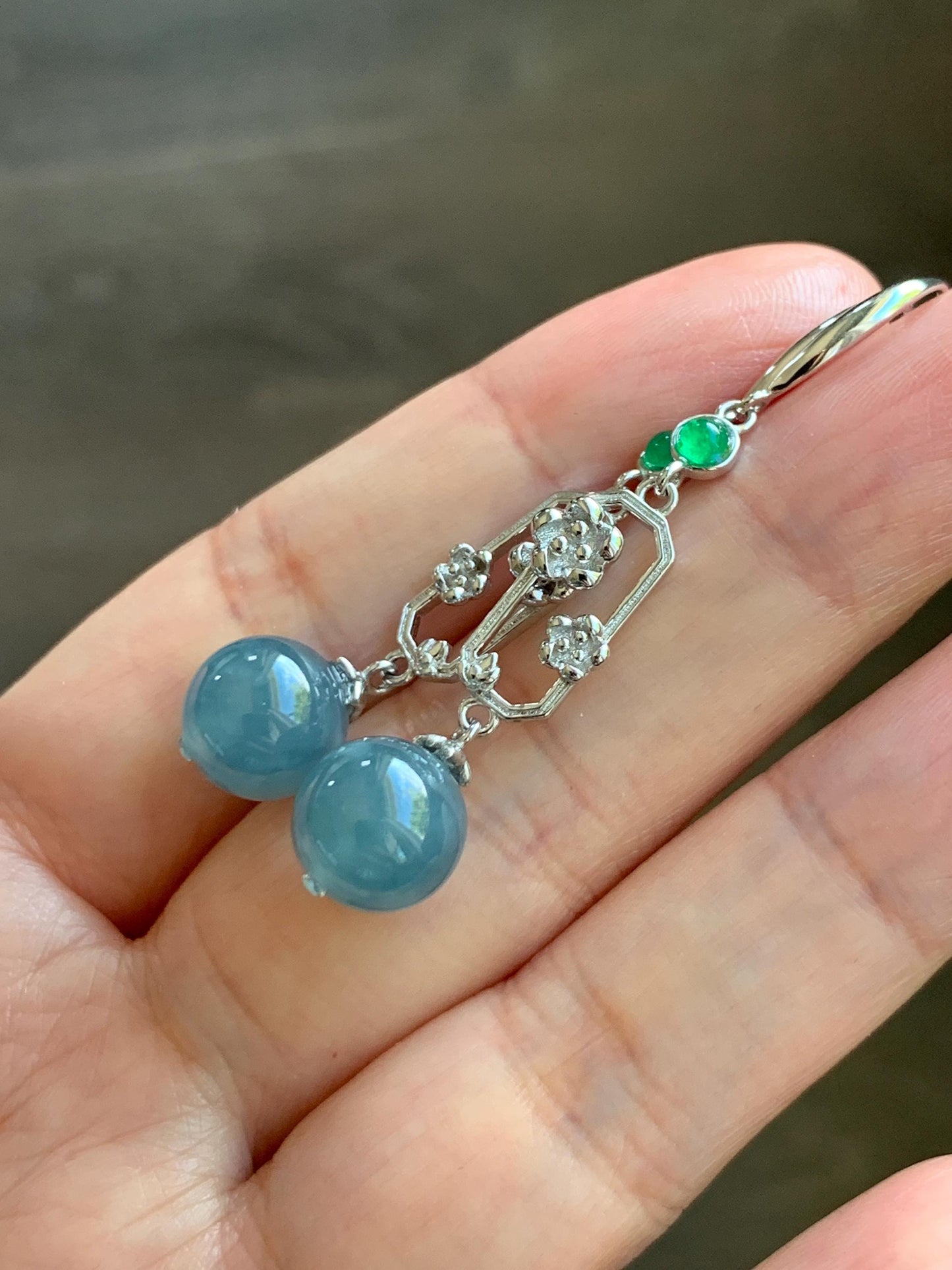 Natural Guatemalan Grade A Icy Highly Translucent Dusty Blue Jade Jadeite Beads Hook Dangle Earrings Sterling Silver 天然冰危蓝翡翠圆珠耳钩 DZCH110