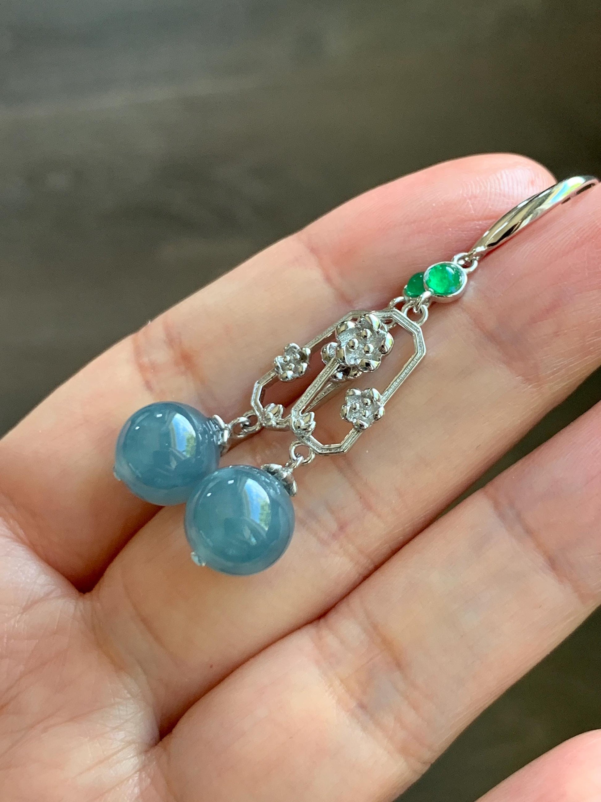 Natural Guatemalan Grade A Icy Highly Translucent Dusty Blue Jade Jadeite Beads Hook Dangle Earrings Sterling Silver 天然冰危蓝翡翠圆珠耳钩 DZCH110
