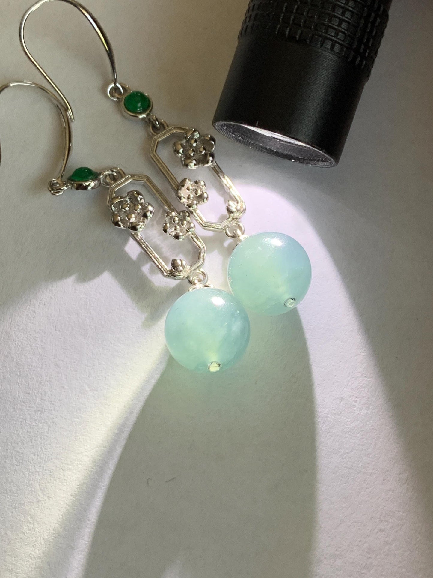 Natural Guatemalan Grade A Icy Highly Translucent Dusty Blue Jade Jadeite Beads Hook Dangle Earrings Sterling Silver 天然冰危蓝翡翠圆珠耳钩 DZCH110