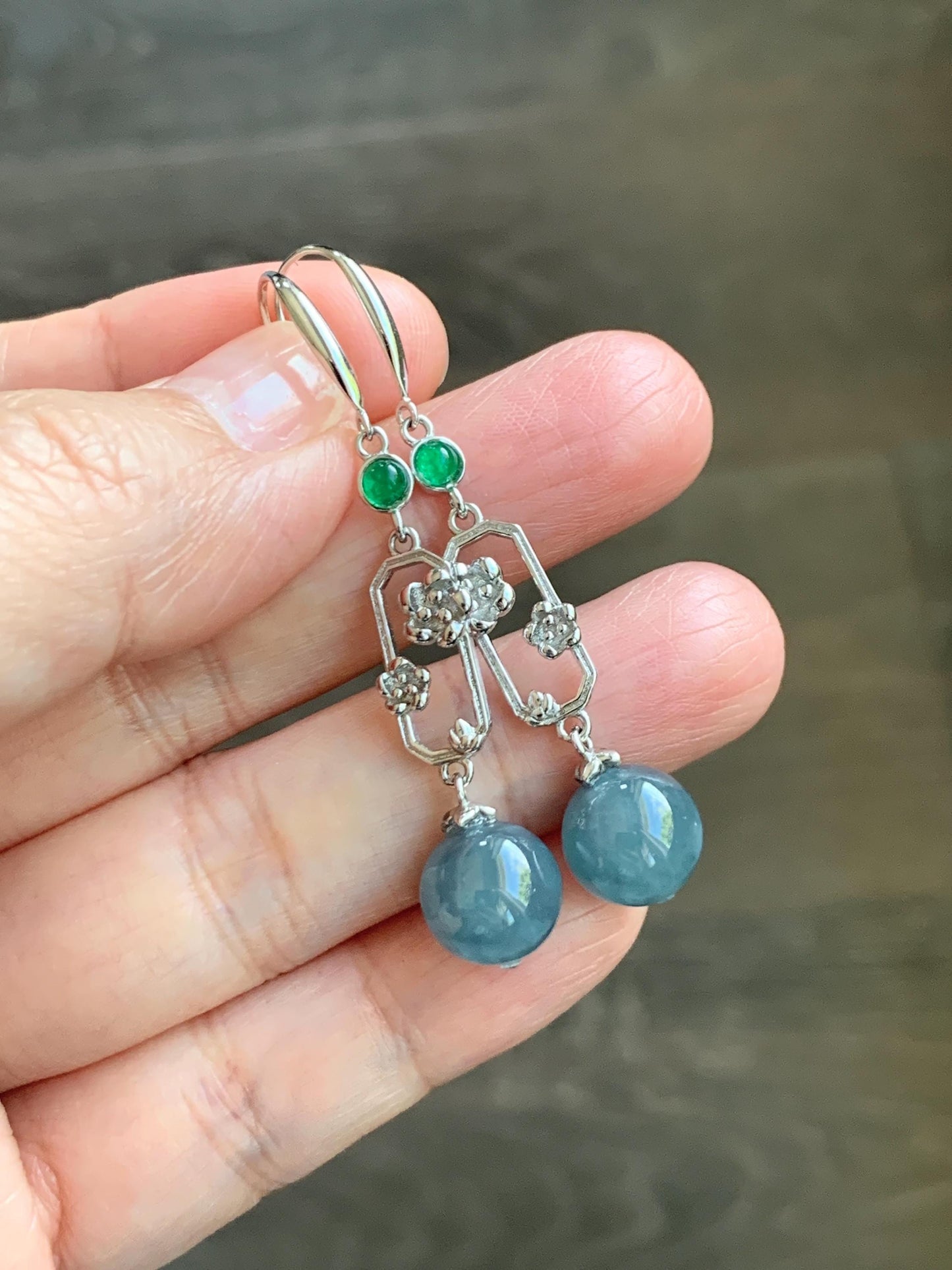 Natural Guatemalan Grade A Icy Highly Translucent Dusty Blue Jade Jadeite Beads Hook Dangle Earrings Sterling Silver 天然冰危蓝翡翠圆珠耳钩 DZCH110