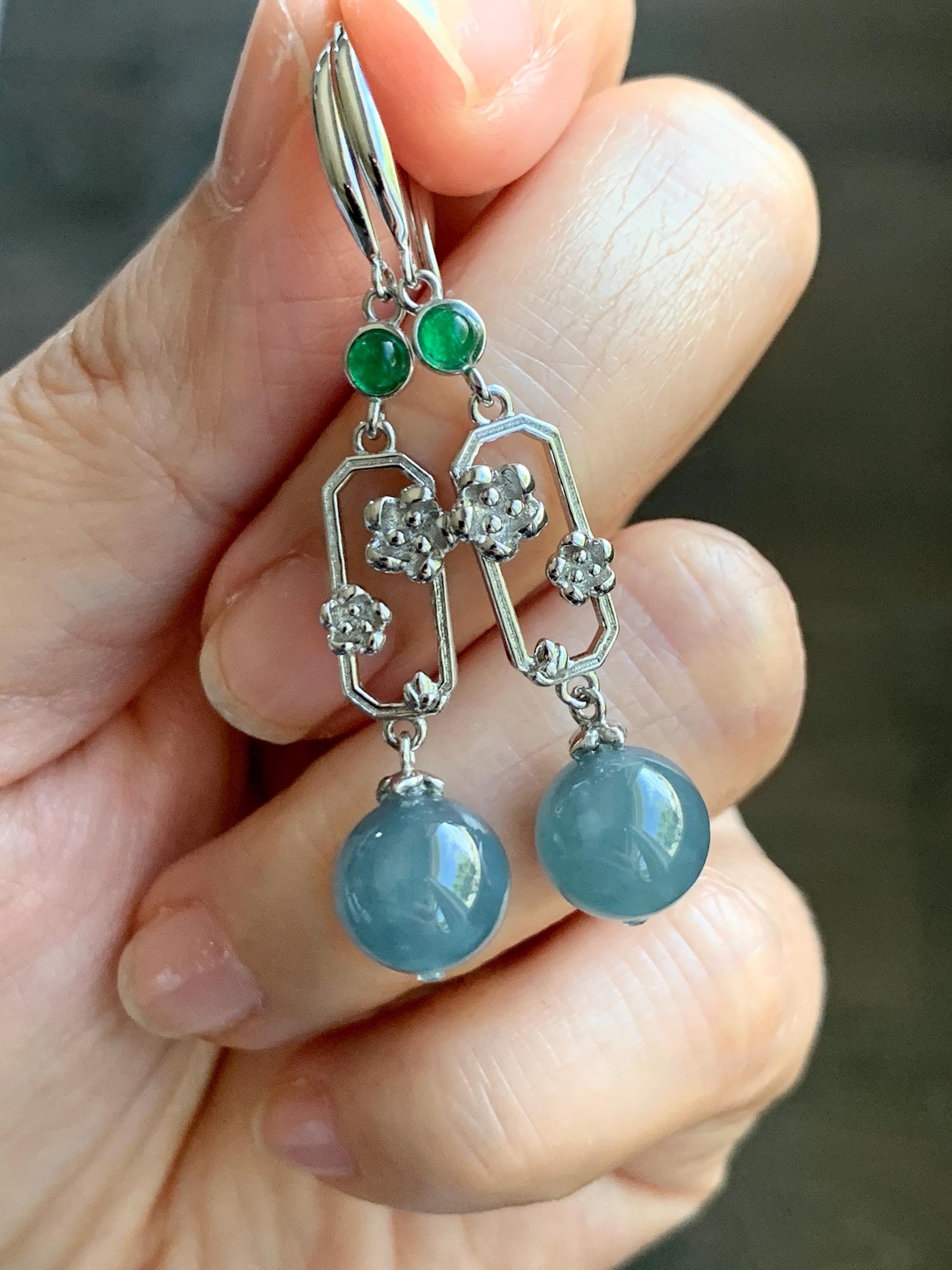 Natural Guatemalan Grade A Icy Highly Translucent Dusty Blue Jade Jadeite Beads Hook Dangle Earrings Sterling Silver 天然冰危蓝翡翠圆珠耳钩 DZCH110