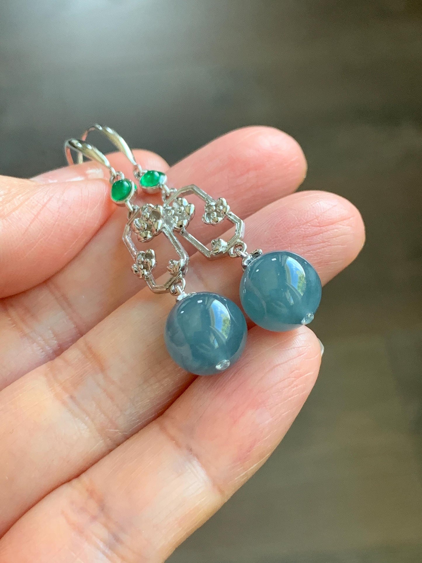 Natural Guatemalan Grade A Icy Highly Translucent Dusty Blue Jade Jadeite Beads Hook Dangle Earrings Sterling Silver 天然冰危蓝翡翠圆珠耳钩 DZCH110