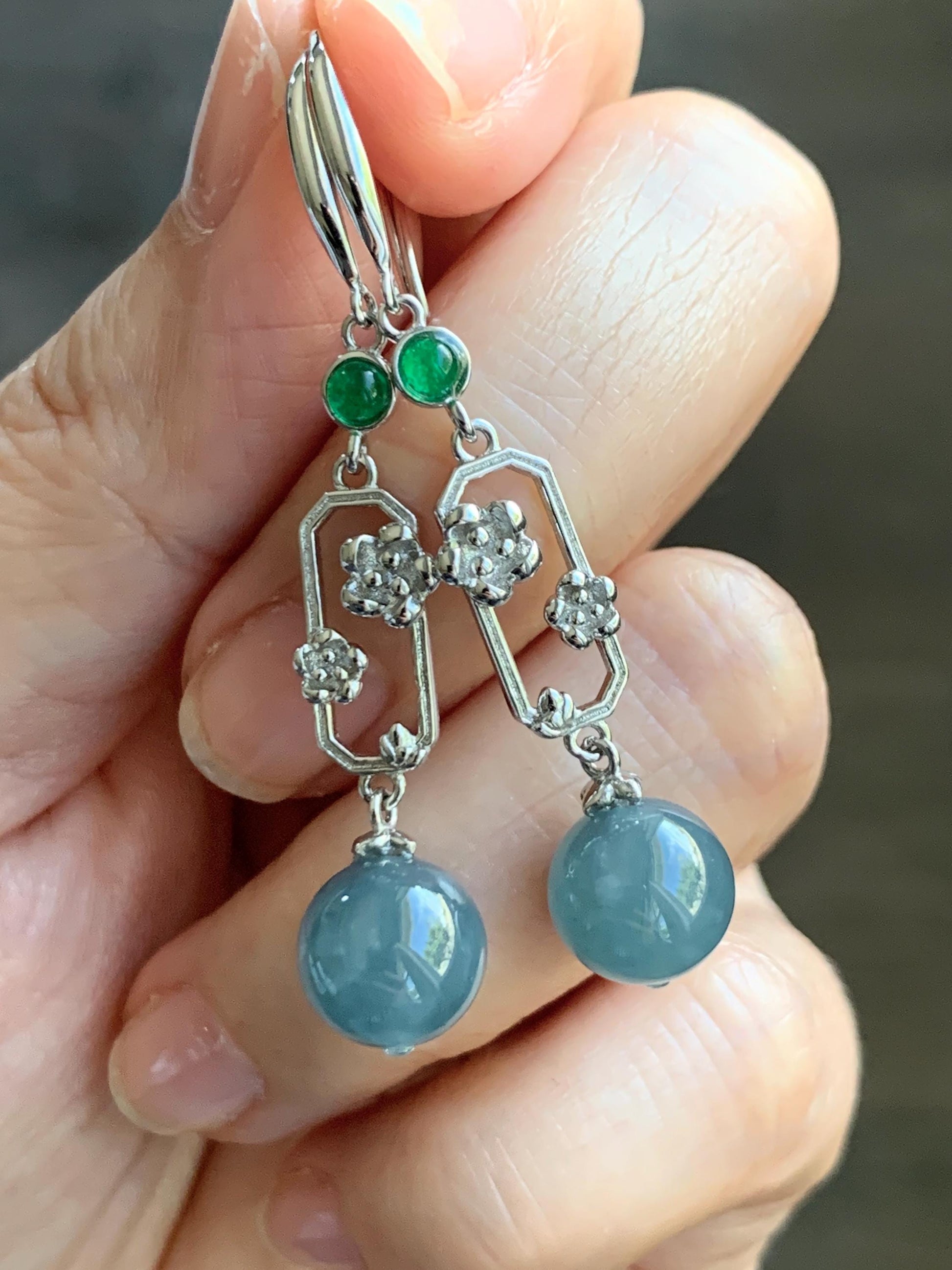 Natural Guatemalan Grade A Icy Highly Translucent Dusty Blue Jade Jadeite Beads Hook Dangle Earrings Sterling Silver 天然冰危蓝翡翠圆珠耳钩 DZCH110