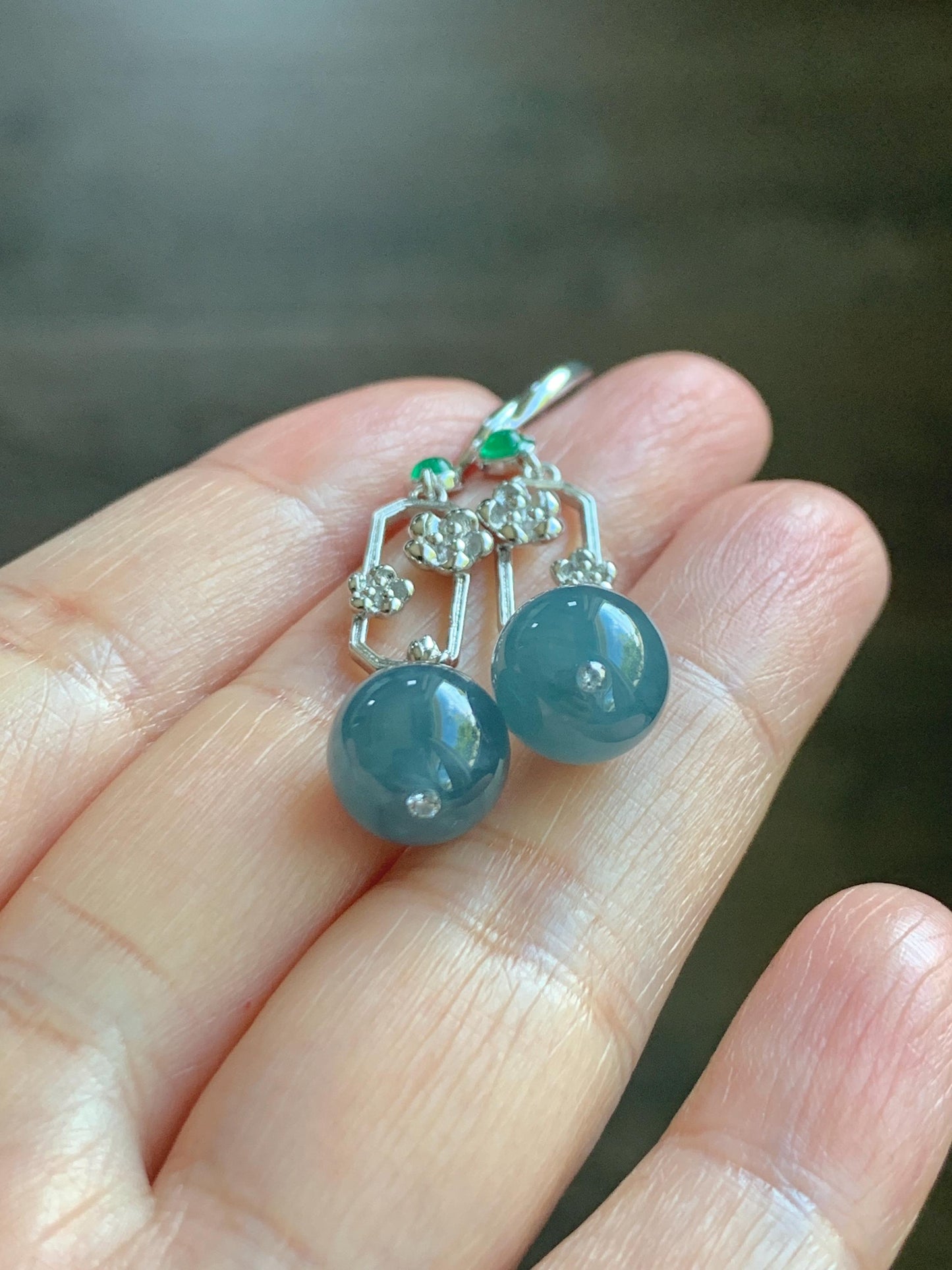 Natural Guatemalan Grade A Icy Highly Translucent Dusty Blue Jade Jadeite Beads Hook Dangle Earrings Sterling Silver 天然冰危蓝翡翠圆珠耳钩 DZCH110