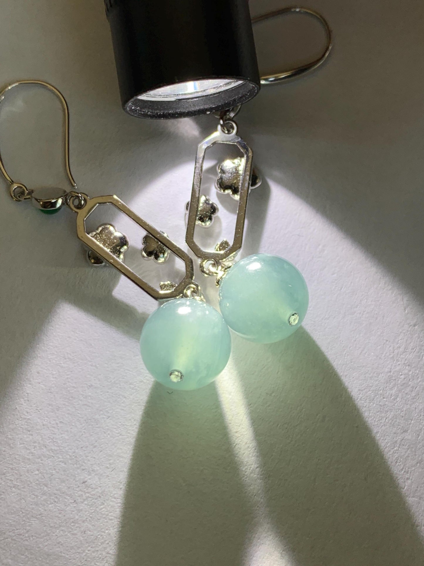 Natural Guatemalan Grade A Icy Highly Translucent Dusty Blue Jade Jadeite Beads Hook Dangle Earrings Sterling Silver 天然冰危蓝翡翠圆珠耳钩 DZCH110