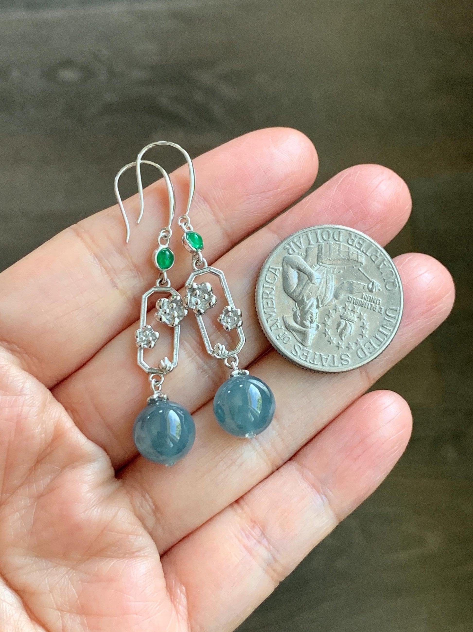 Natural Guatemalan Grade A Icy Highly Translucent Dusty Blue Jade Jadeite Beads Hook Dangle Earrings Sterling Silver 天然冰危蓝翡翠圆珠耳钩 DZCH110