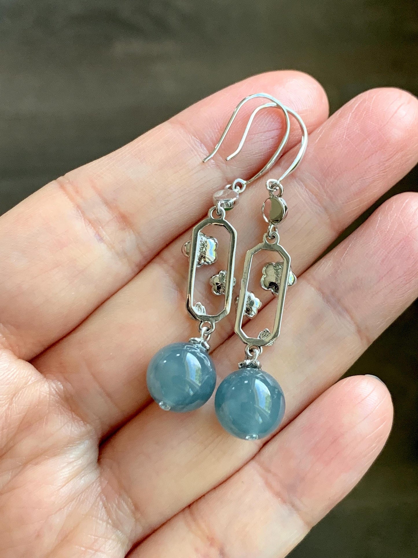 Natural Guatemalan Grade A Icy Highly Translucent Dusty Blue Jade Jadeite Beads Hook Dangle Earrings Sterling Silver 天然冰危蓝翡翠圆珠耳钩 DZCH110