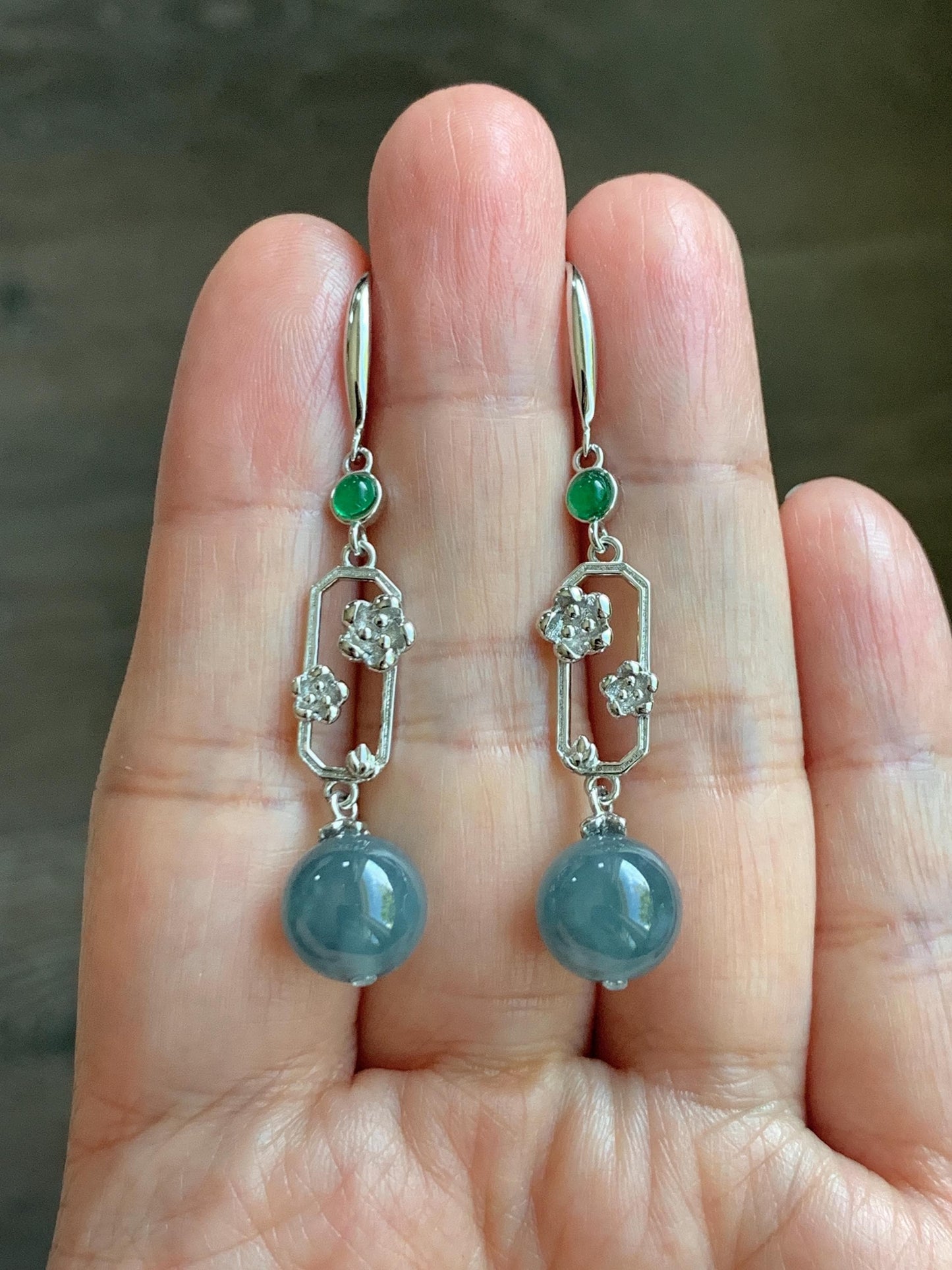 Natural Guatemalan Grade A Icy Highly Translucent Dusty Blue Jade Jadeite Beads Hook Dangle Earrings Sterling Silver 天然冰危蓝翡翠圆珠耳钩 DZCH110