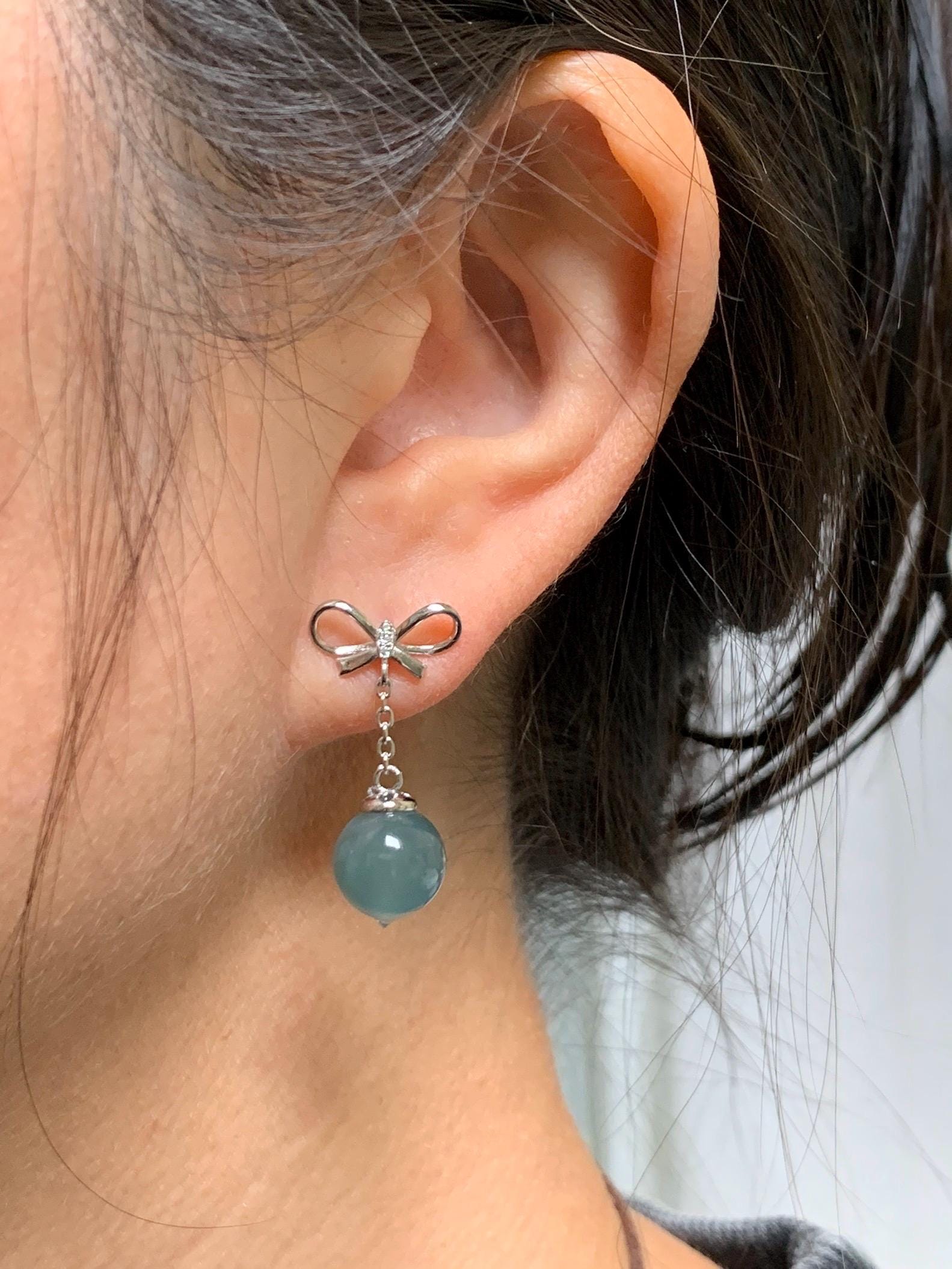 Natural Guatemalan Grade A Icy Highly Translucent Teal Blue Jade Jadeite Beads Hook Dangle Earrings Sterling Silver 天然冰危蓝翡翠圆珠耳钩 DZD110