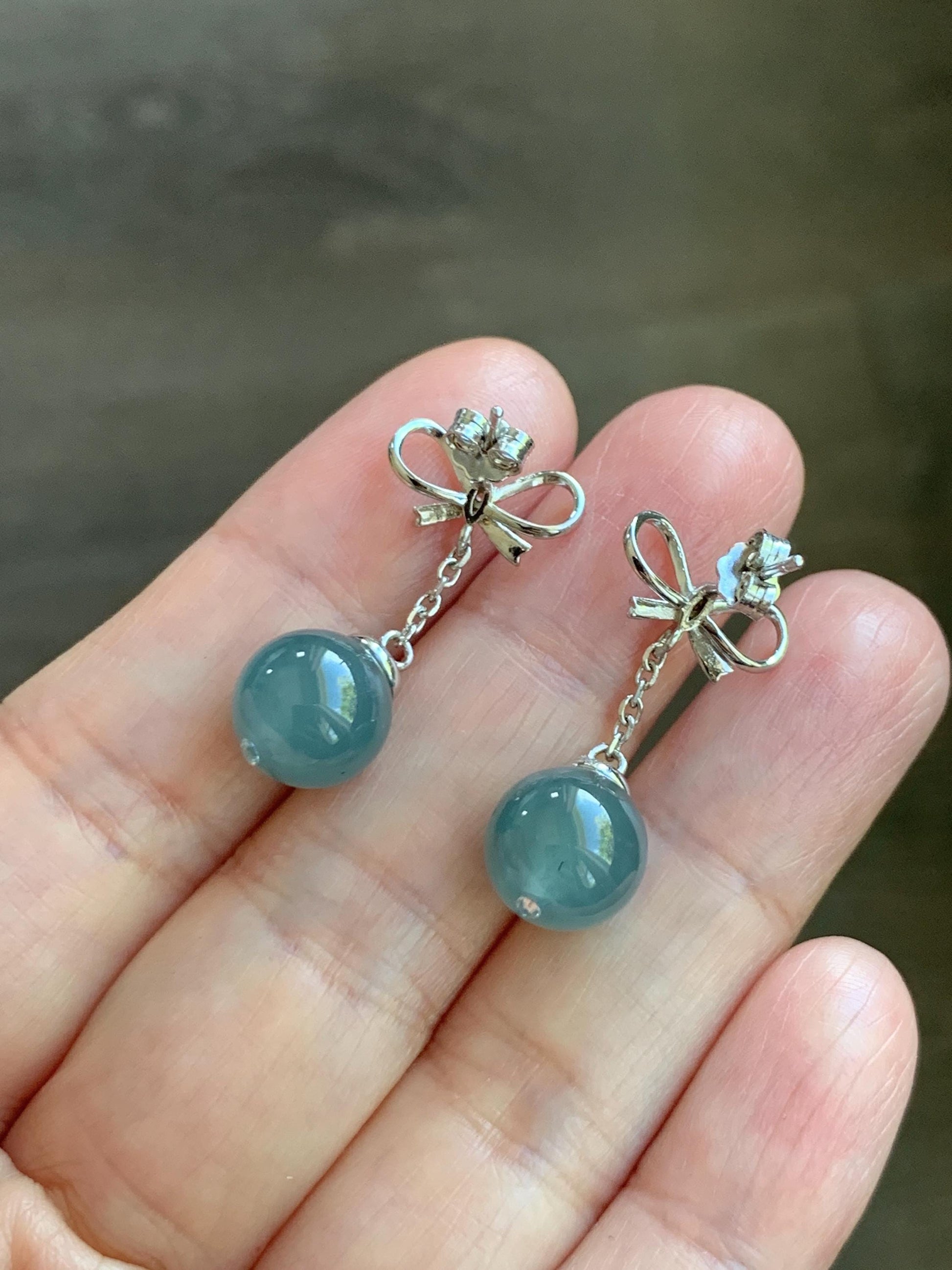 Natural Guatemalan Grade A Icy Highly Translucent Teal Blue Jade Jadeite Beads Hook Dangle Earrings Sterling Silver 天然冰危蓝翡翠圆珠耳钩 DZD110