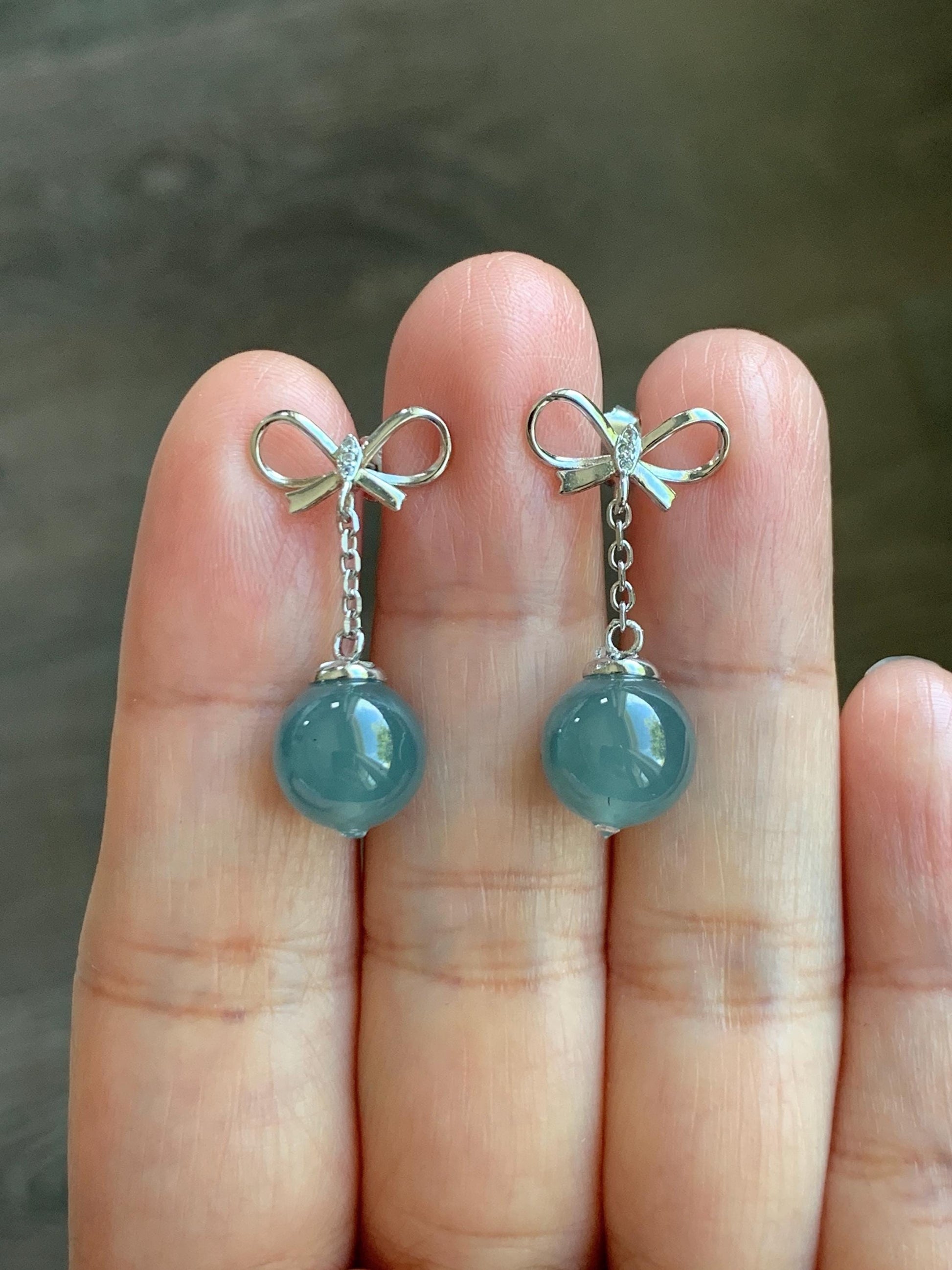 Natural Guatemalan Grade A Icy Highly Translucent Teal Blue Jade Jadeite Beads Hook Dangle Earrings Sterling Silver 天然冰危蓝翡翠圆珠耳钩 DZD110