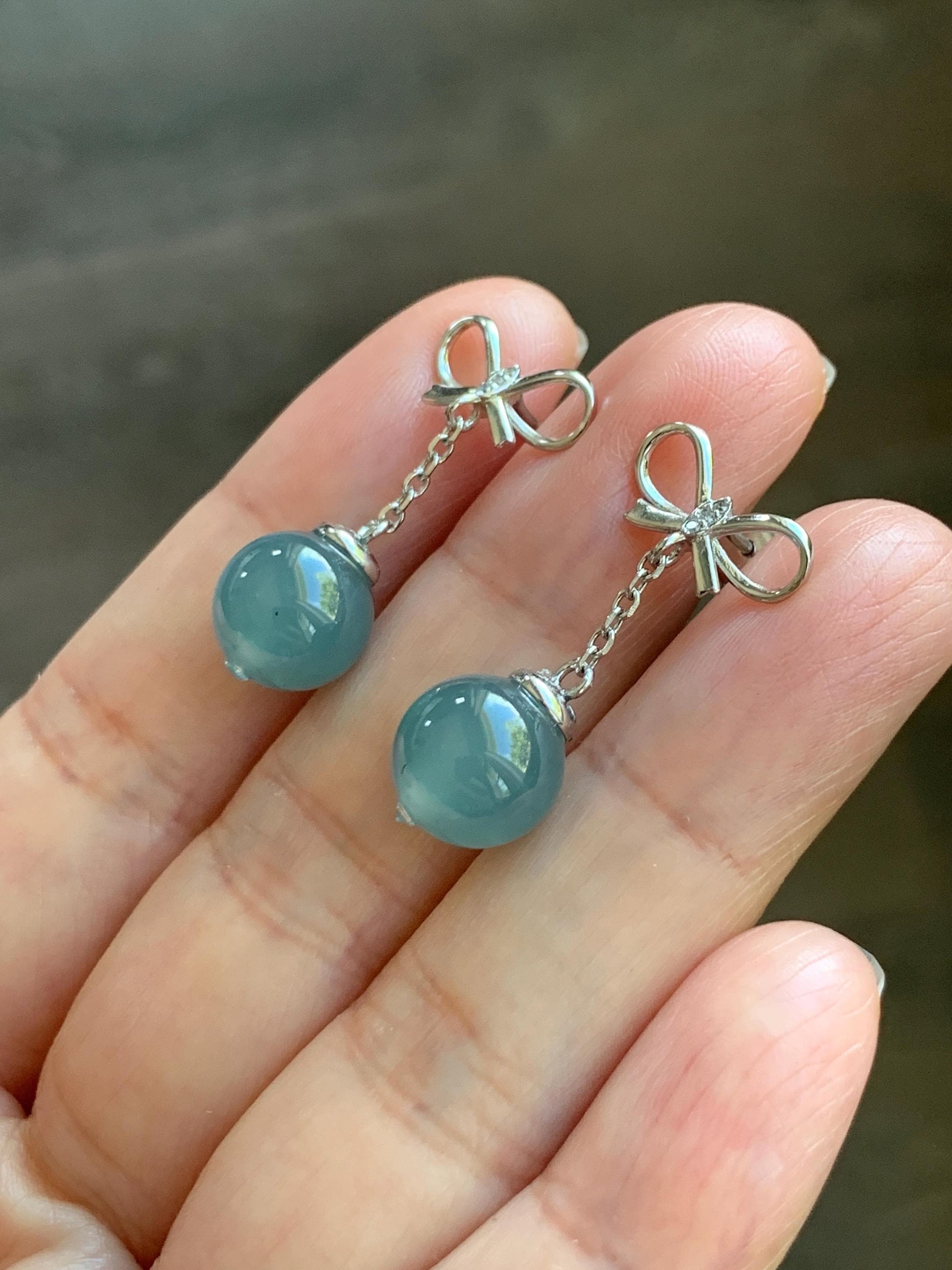 Natural Guatemalan Grade A Icy Highly Translucent Teal Blue Jade Jadeite Beads Hook Dangle Earrings Sterling Silver 天然冰危蓝翡翠圆珠耳钩 DZD110