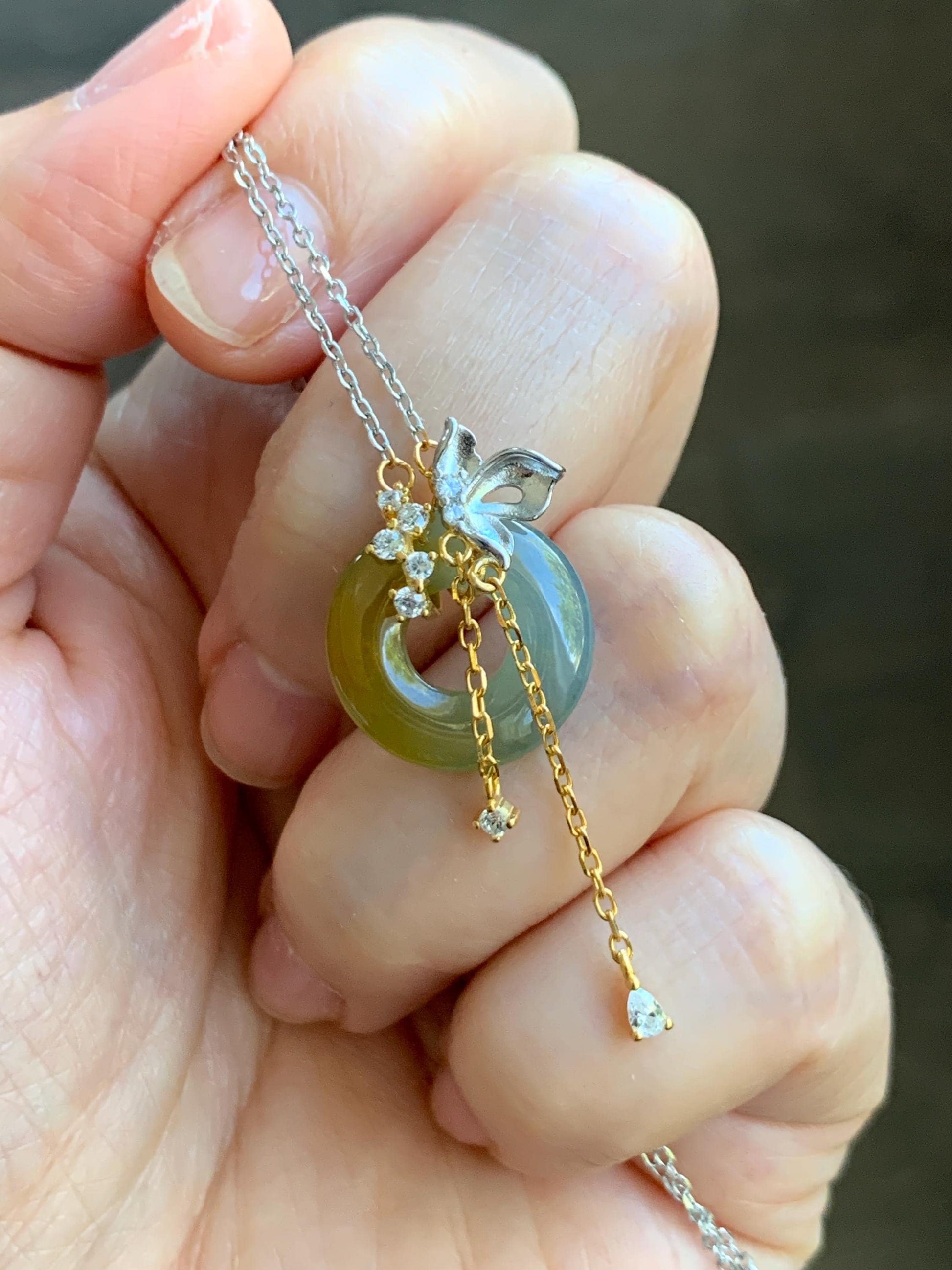 Natural Grade A Guatemalan Icy Translucent Yellow Dusty Blue Jade Jadeite Ping An Kou Donut Necklace Sterling Silver 天然冰危蓝加黄翡翠平安扣锁骨链 WLH110