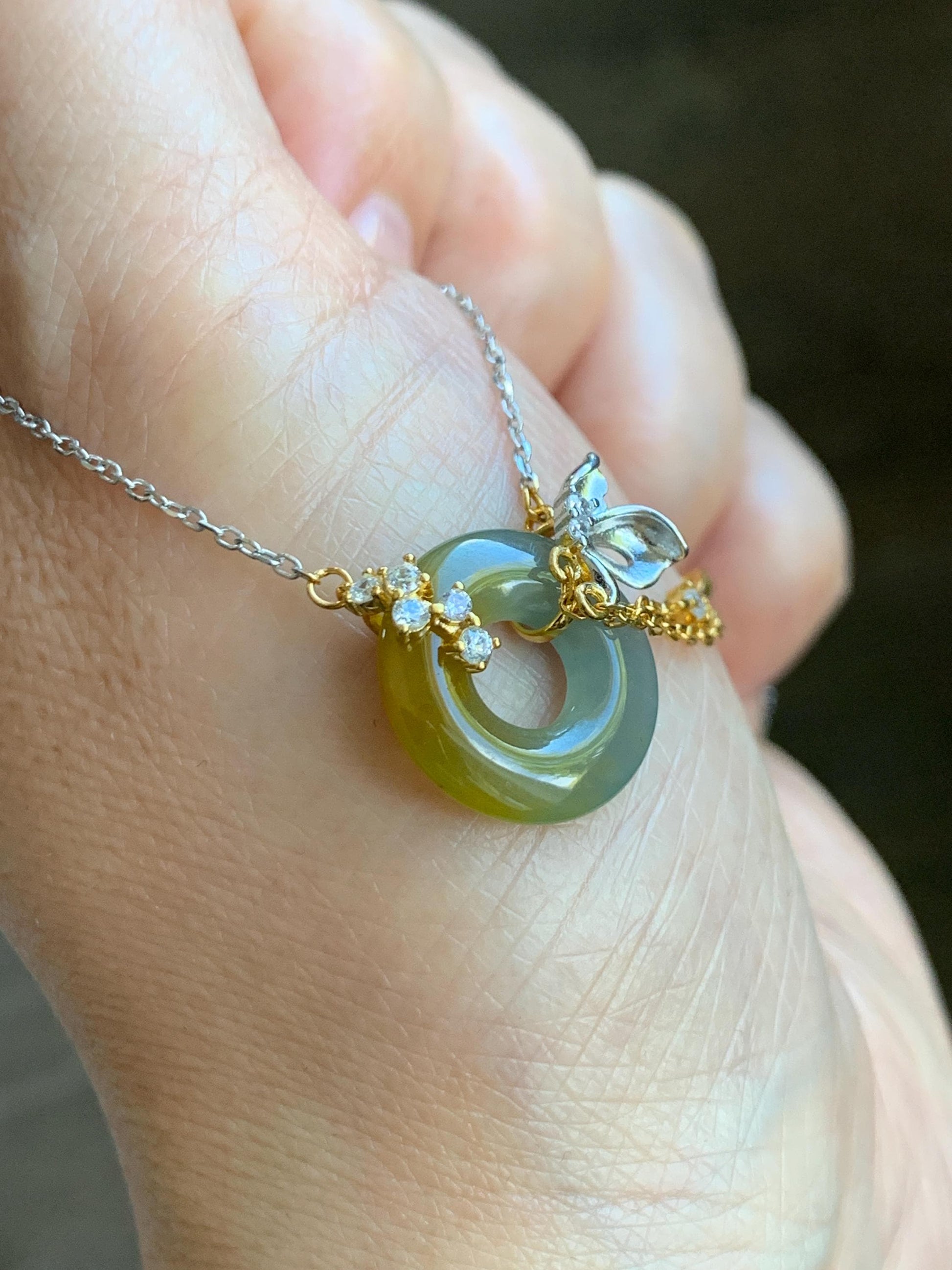 Natural Grade A Guatemalan Icy Translucent Yellow Dusty Blue Jade Jadeite Ping An Kou Donut Necklace Sterling Silver 天然冰危蓝加黄翡翠平安扣锁骨链 WLH110