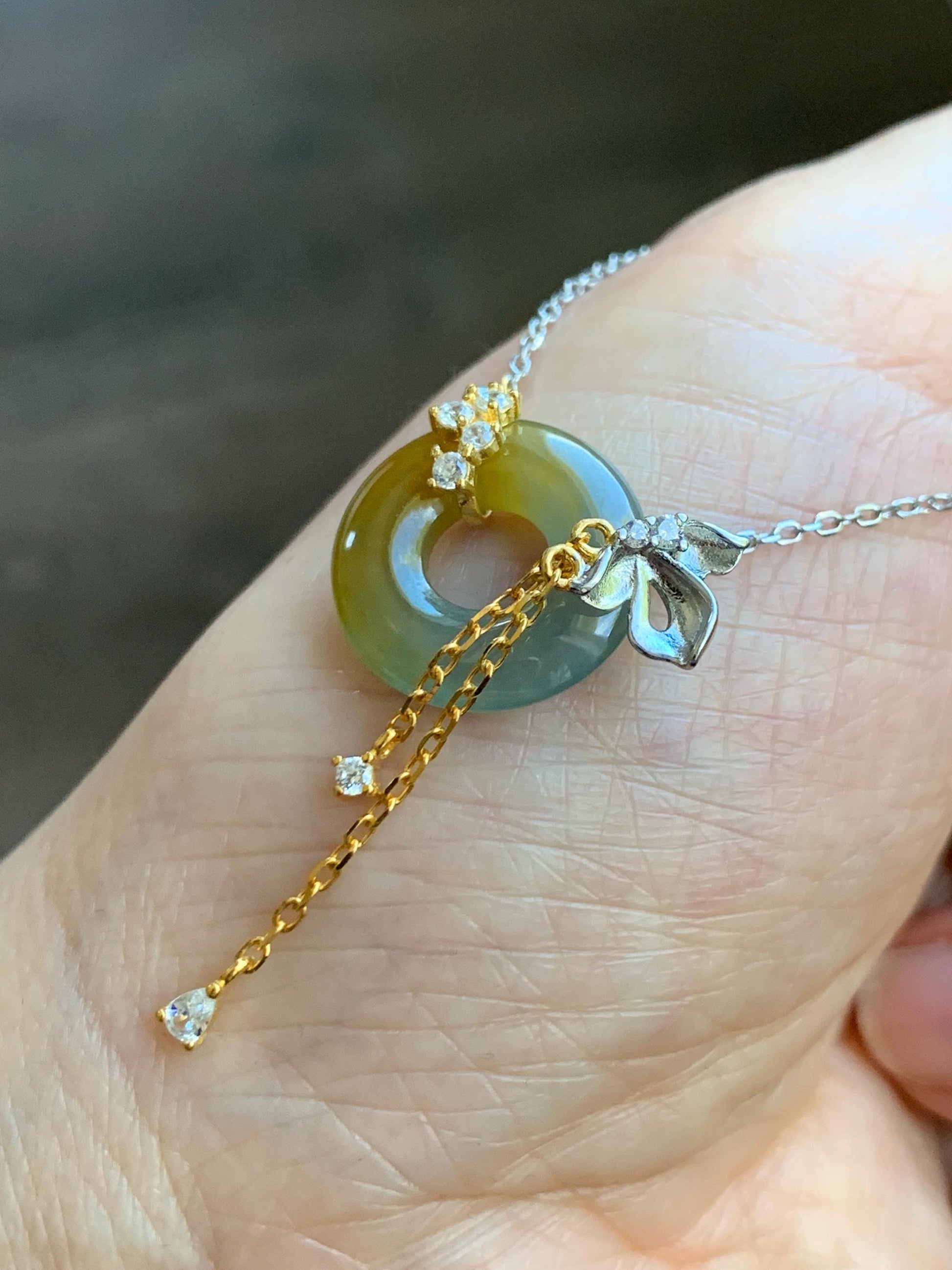 Natural Grade A Guatemalan Icy Translucent Yellow Dusty Blue Jade Jadeite Ping An Kou Donut Necklace Sterling Silver 天然冰危蓝加黄翡翠平安扣锁骨链 WLH110