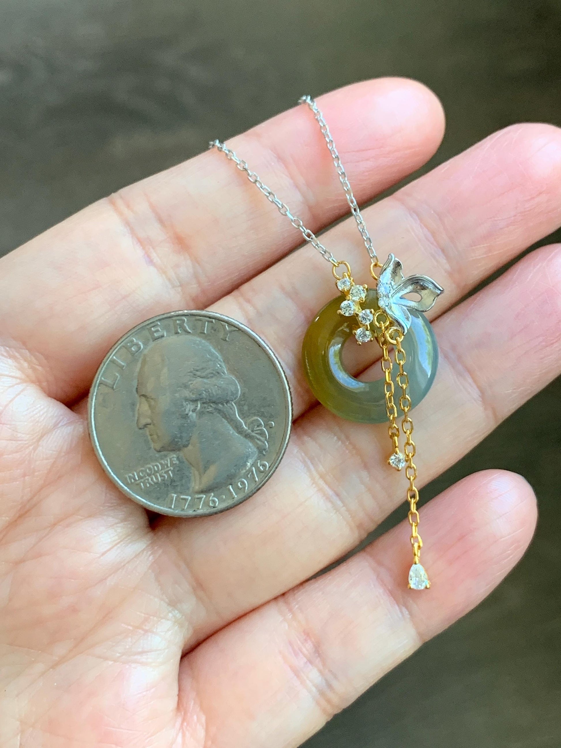 Natural Grade A Guatemalan Icy Translucent Yellow Dusty Blue Jade Jadeite Ping An Kou Donut Necklace Sterling Silver 天然冰危蓝加黄翡翠平安扣锁骨链 WLH110