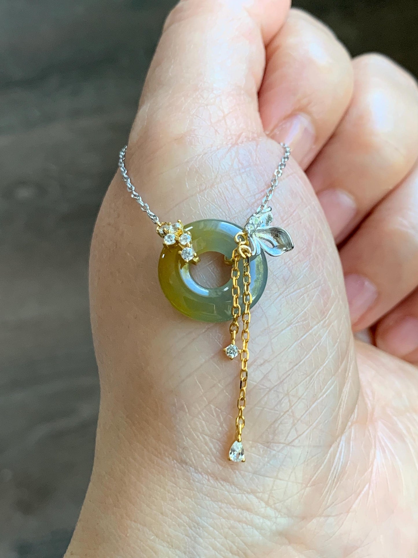 Natural Grade A Guatemalan Icy Translucent Yellow Dusty Blue Jade Jadeite Ping An Kou Donut Necklace Sterling Silver 天然冰危蓝加黄翡翠平安扣锁骨链 WLH110