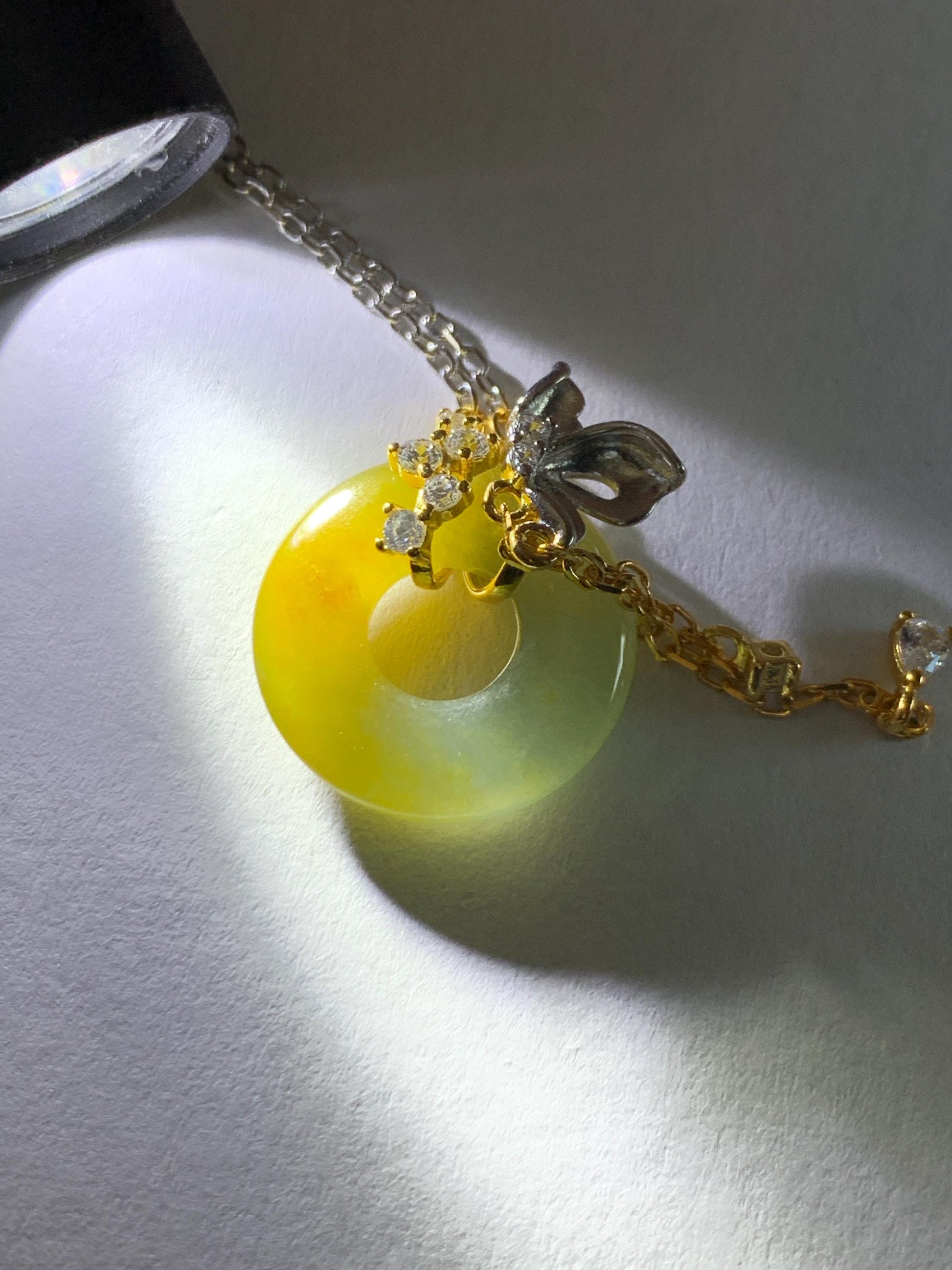 Natural Grade A Guatemalan Icy Translucent Yellow Dusty Blue Jade Jadeite Ping An Kou Donut Necklace Sterling Silver 天然冰危蓝加黄翡翠平安扣锁骨链 WLH110