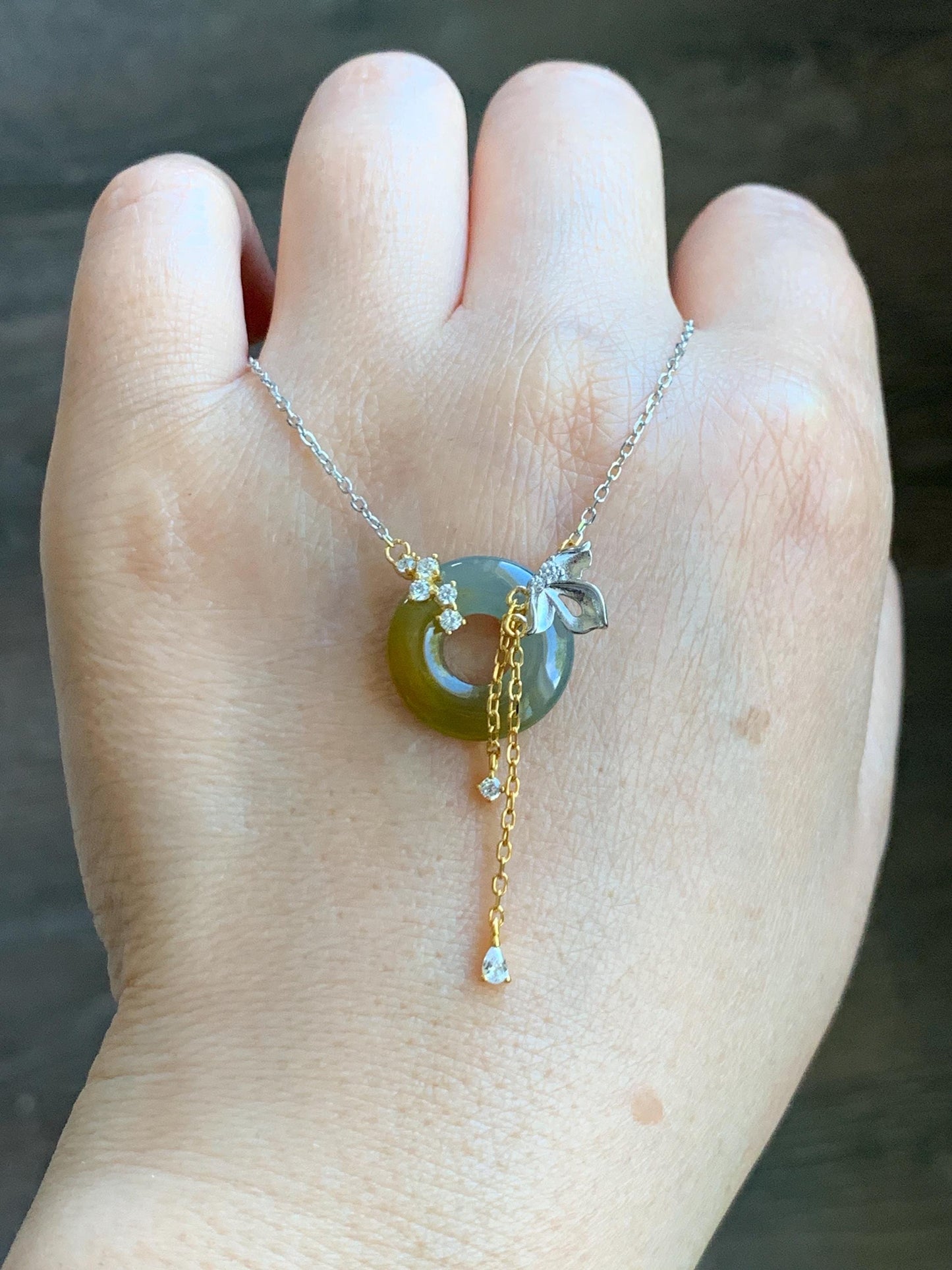 Natural Grade A Guatemalan Icy Translucent Yellow Dusty Blue Jade Jadeite Ping An Kou Donut Necklace Sterling Silver 天然冰危蓝加黄翡翠平安扣锁骨链 WLH110