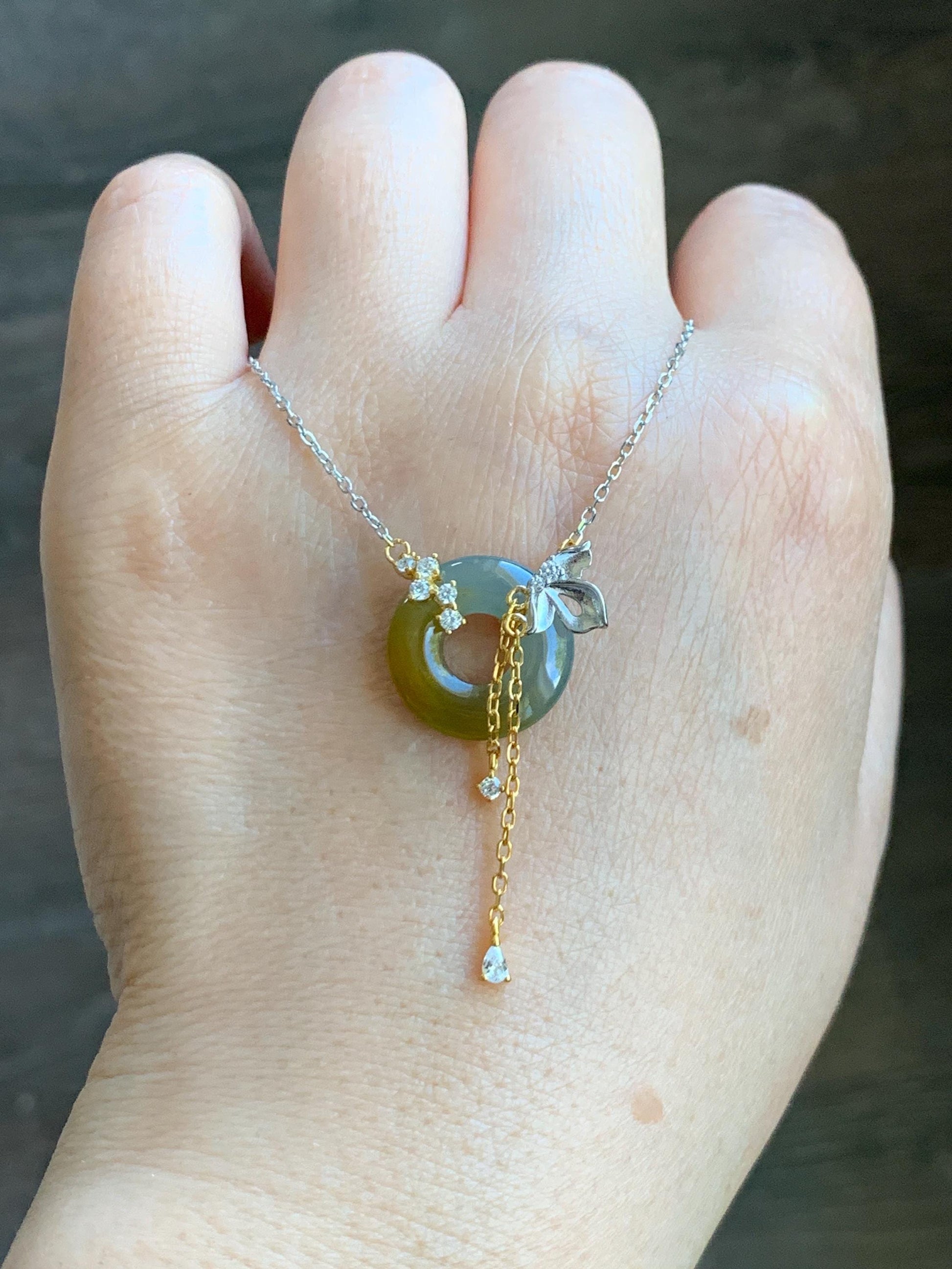 Natural Grade A Guatemalan Icy Translucent Yellow Dusty Blue Jade Jadeite Ping An Kou Donut Necklace Sterling Silver 天然冰危蓝加黄翡翠平安扣锁骨链 WLH110