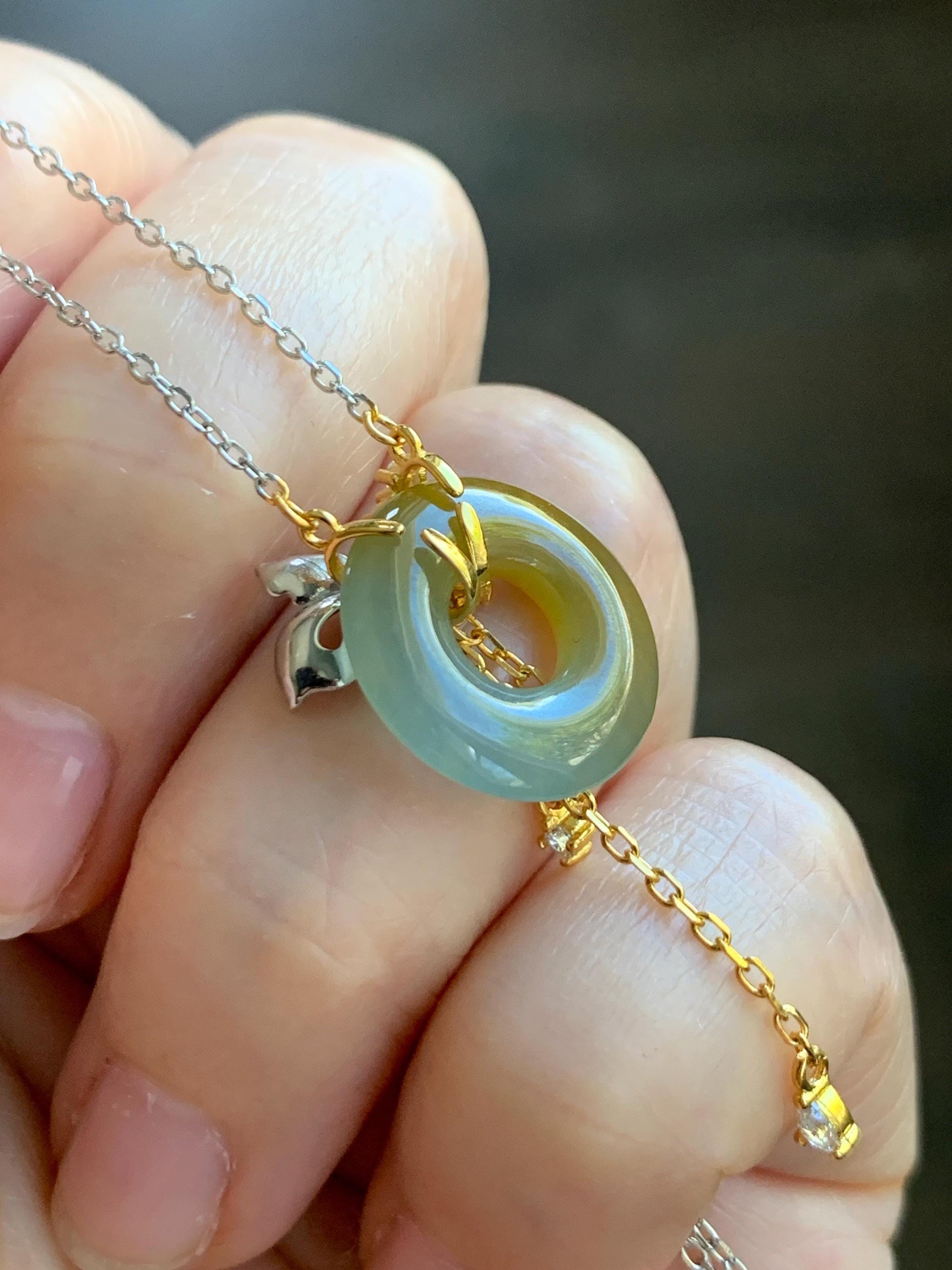 Natural Grade A Guatemalan Icy Translucent Yellow Dusty Blue Jade Jadeite Ping An Kou Donut Necklace Sterling Silver 天然冰危蓝加黄翡翠平安扣锁骨链 WLH110