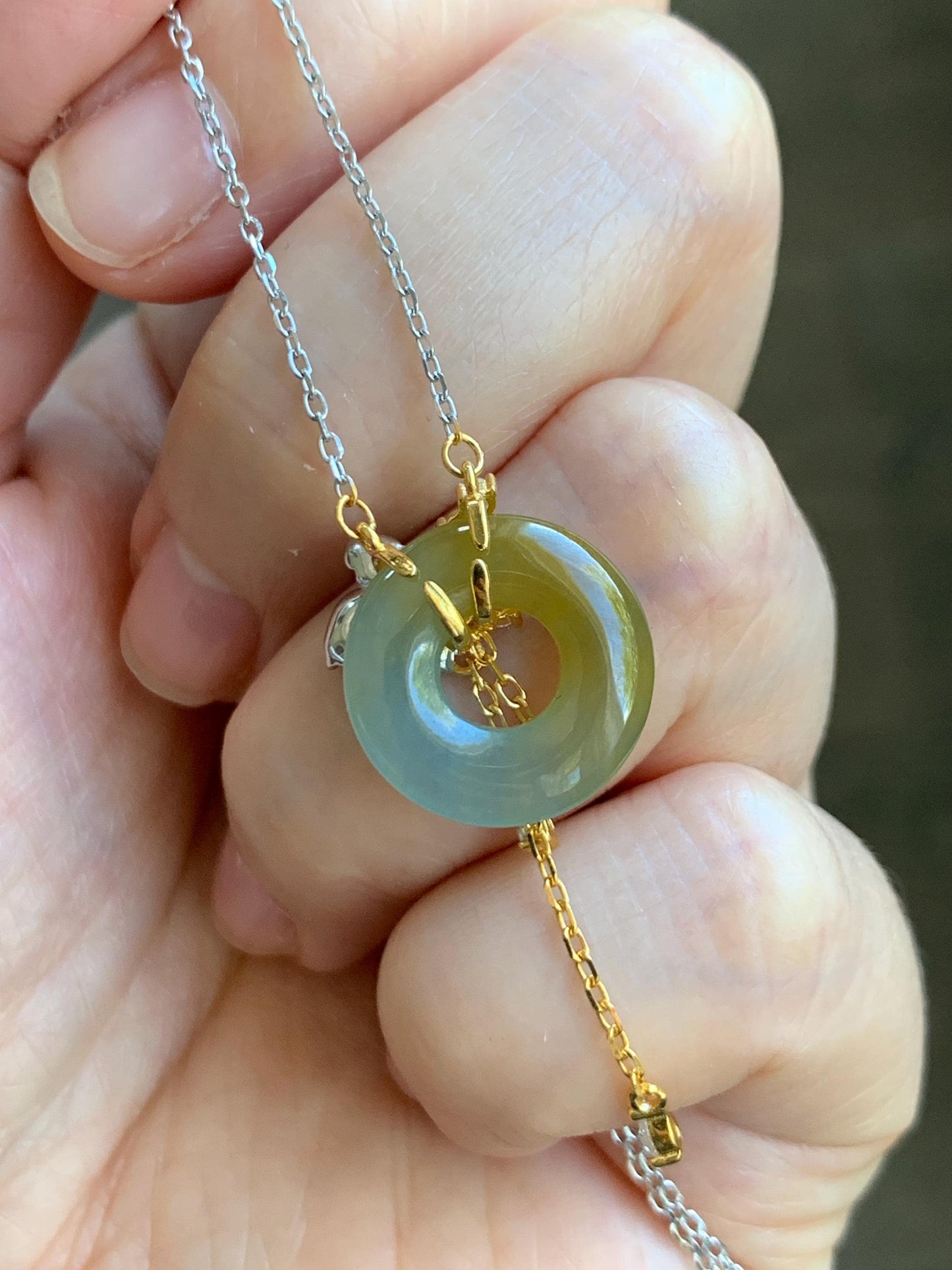 Natural Grade A Guatemalan Icy Translucent Yellow Dusty Blue Jade Jadeite Ping An Kou Donut Necklace Sterling Silver 天然冰危蓝加黄翡翠平安扣锁骨链 WLH110