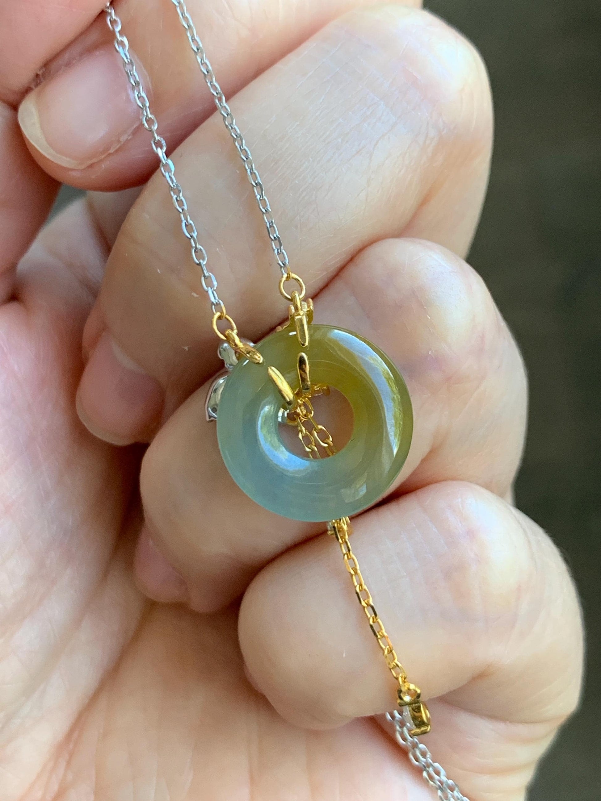 Natural Grade A Guatemalan Icy Translucent Yellow Dusty Blue Jade Jadeite Ping An Kou Donut Necklace Sterling Silver 天然冰危蓝加黄翡翠平安扣锁骨链 WLH110