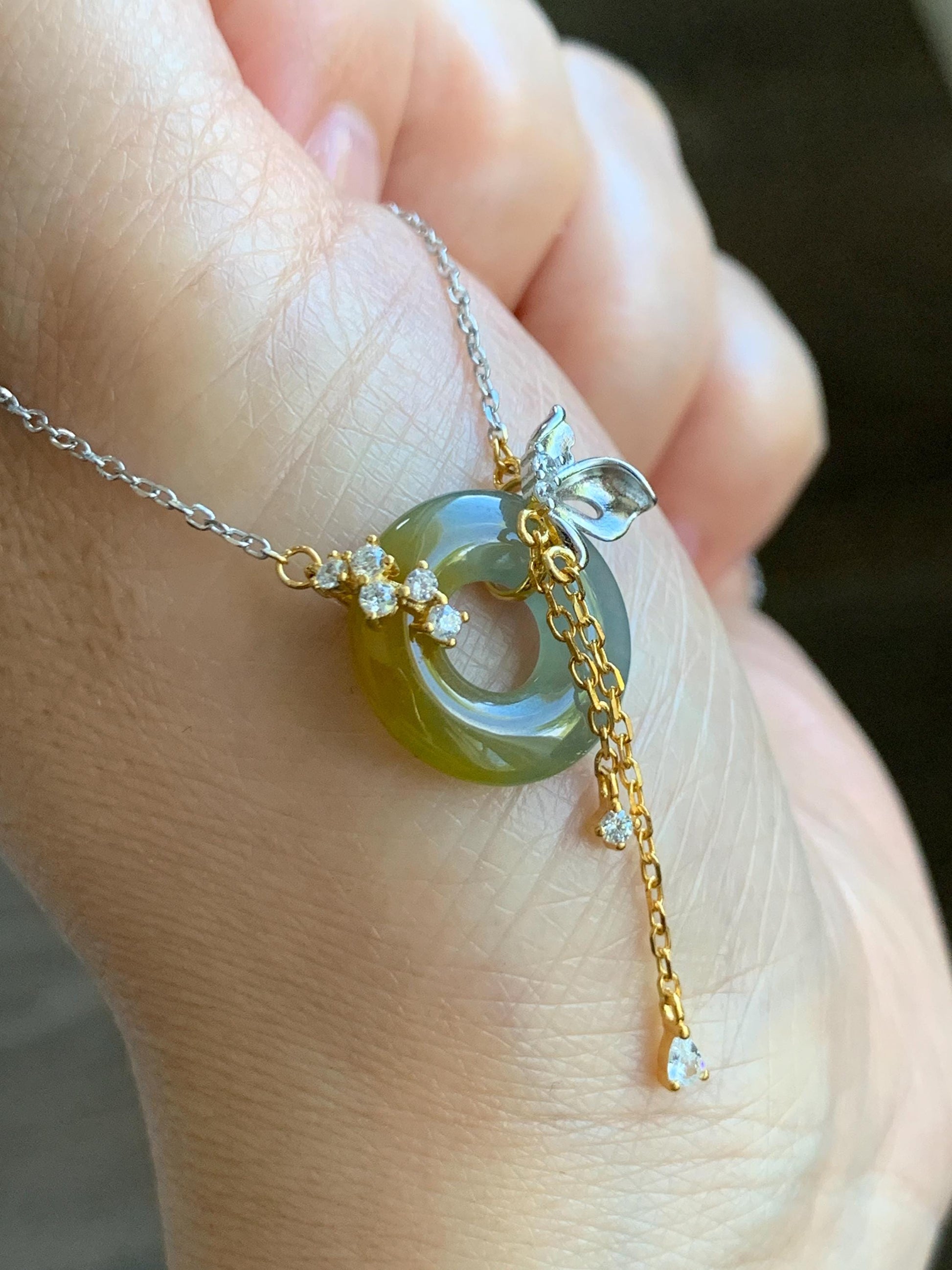 Natural Grade A Guatemalan Icy Translucent Yellow Dusty Blue Jade Jadeite Ping An Kou Donut Necklace Sterling Silver 天然冰危蓝加黄翡翠平安扣锁骨链 WLH110