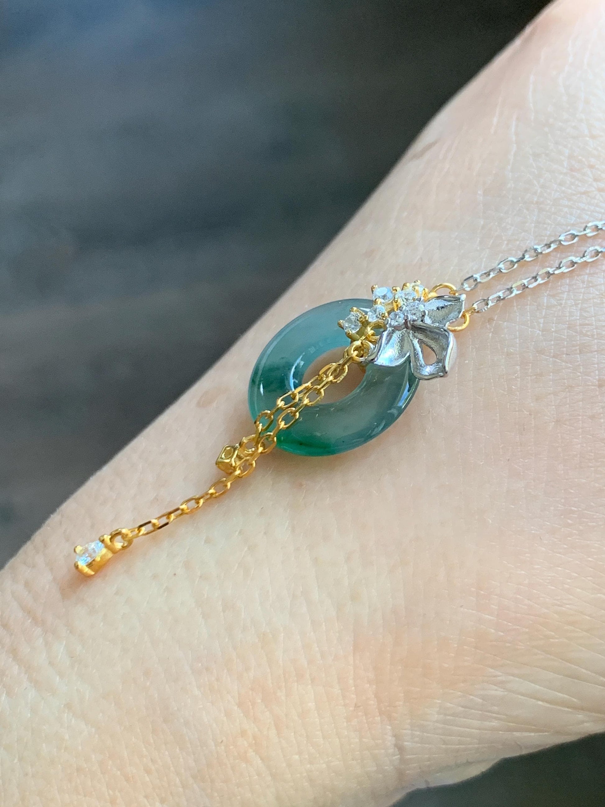 Natural Grade A Guatemalan Icy Translucent Teal Blue Green Jade Jadeite Ping An Kou Donut Necklace Sterling Silver 天然冰危蓝飘花翡翠平安扣锁骨链 WLK110
