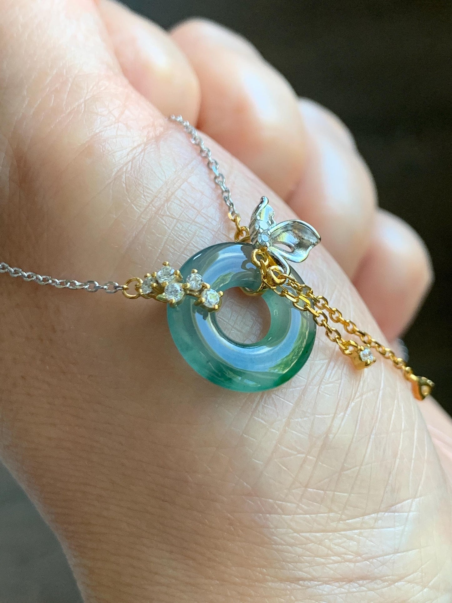 Natural Grade A Guatemalan Icy Translucent Teal Blue Green Jade Jadeite Ping An Kou Donut Necklace Sterling Silver 天然冰危蓝飘花翡翠平安扣锁骨链 WLK110