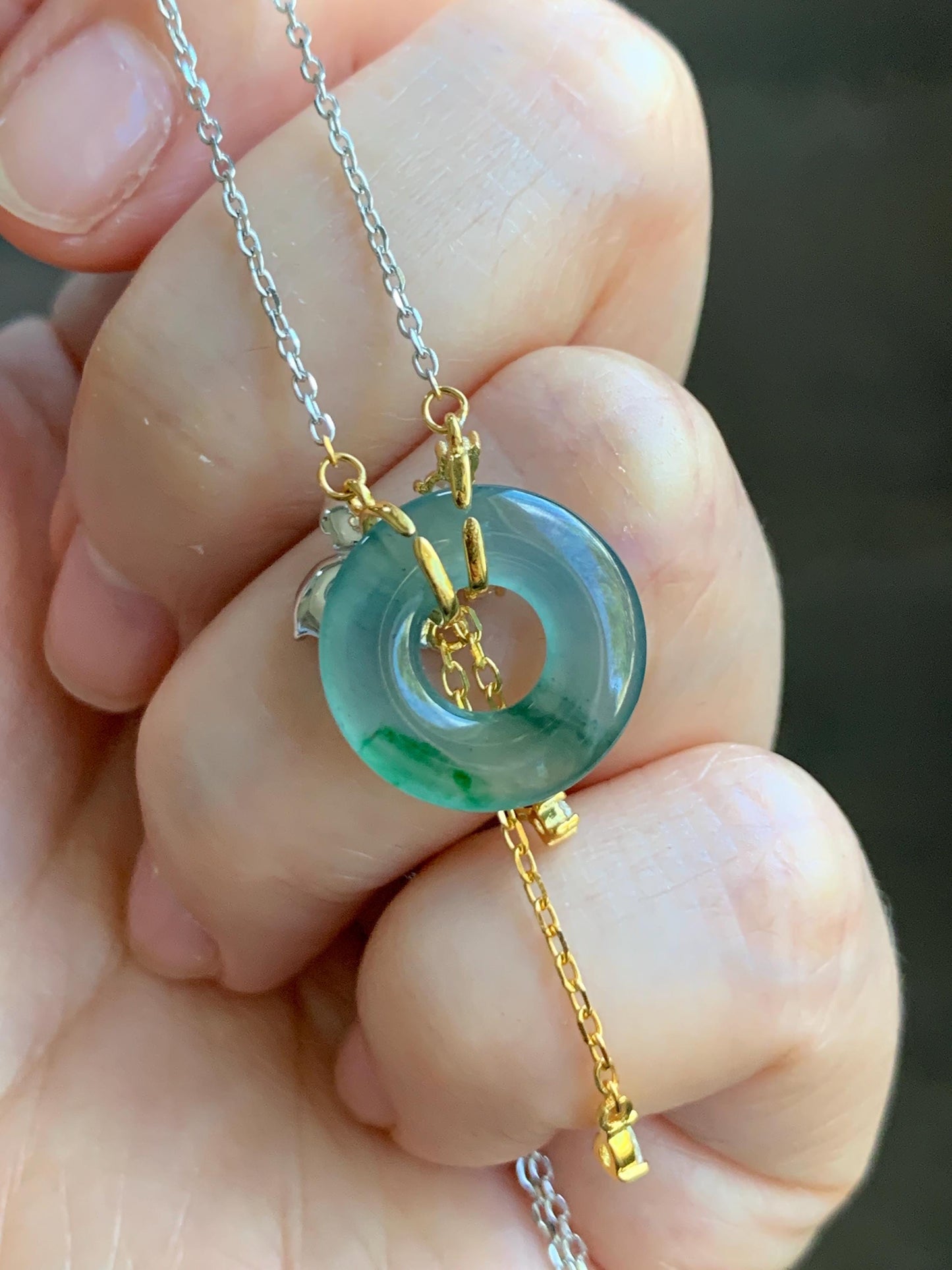 Natural Grade A Guatemalan Icy Translucent Teal Blue Green Jade Jadeite Ping An Kou Donut Necklace Sterling Silver 天然冰危蓝飘花翡翠平安扣锁骨链 WLK110