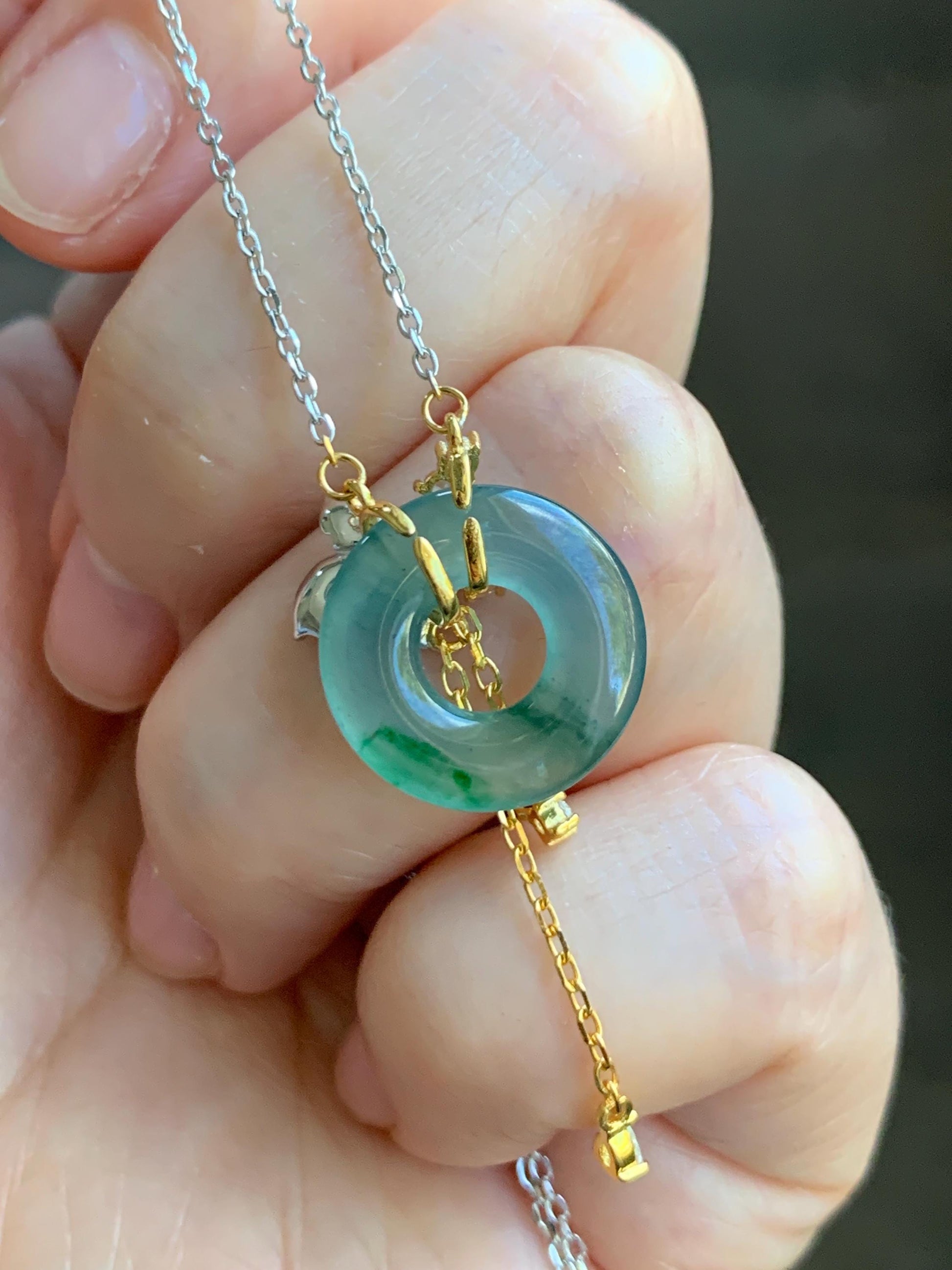 Natural Grade A Guatemalan Icy Translucent Teal Blue Green Jade Jadeite Ping An Kou Donut Necklace Sterling Silver 天然冰危蓝飘花翡翠平安扣锁骨链 WLK110