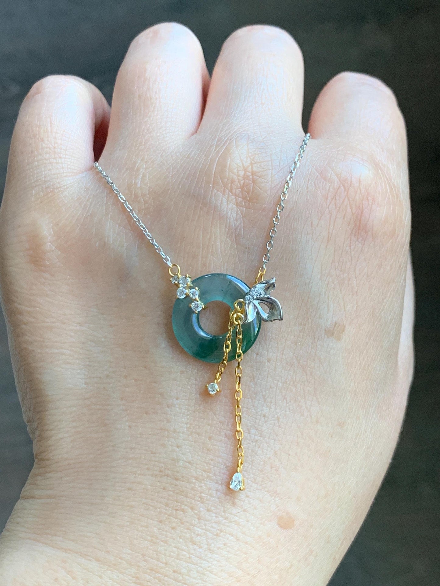 Natural Grade A Guatemalan Icy Translucent Teal Blue Green Jade Jadeite Ping An Kou Donut Necklace Sterling Silver 天然冰危蓝飘花翡翠平安扣锁骨链 WLK110