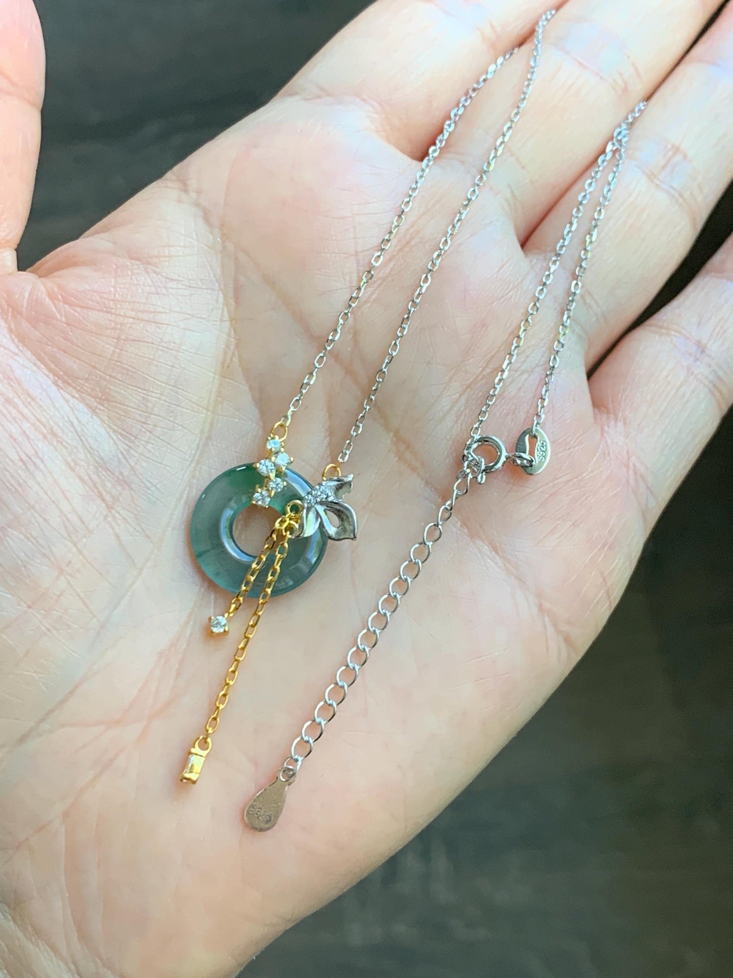 Natural Grade A Guatemalan Icy Translucent Teal Blue Green Jade Jadeite Ping An Kou Donut Necklace Sterling Silver 天然冰危蓝飘花翡翠平安扣锁骨链 WLK110