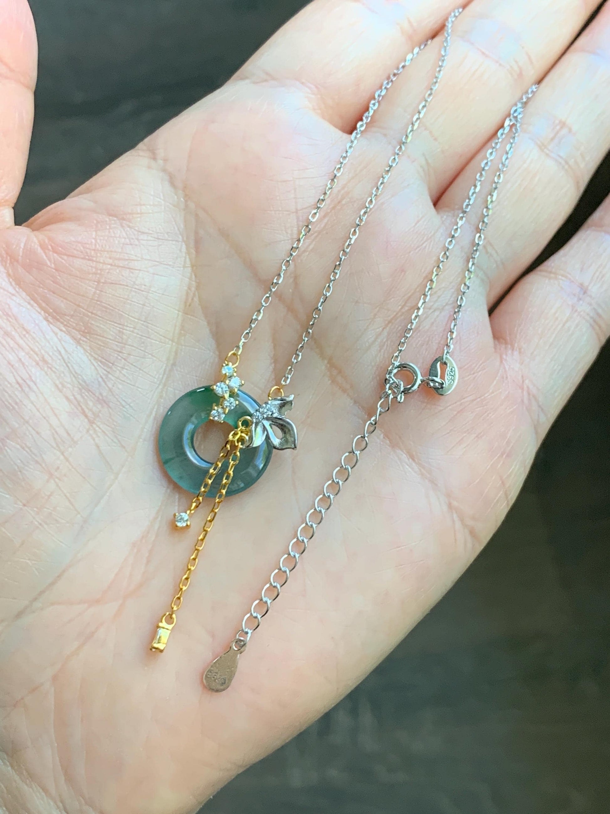 Natural Grade A Guatemalan Icy Translucent Teal Blue Green Jade Jadeite Ping An Kou Donut Necklace Sterling Silver 天然冰危蓝飘花翡翠平安扣锁骨链 WLK110