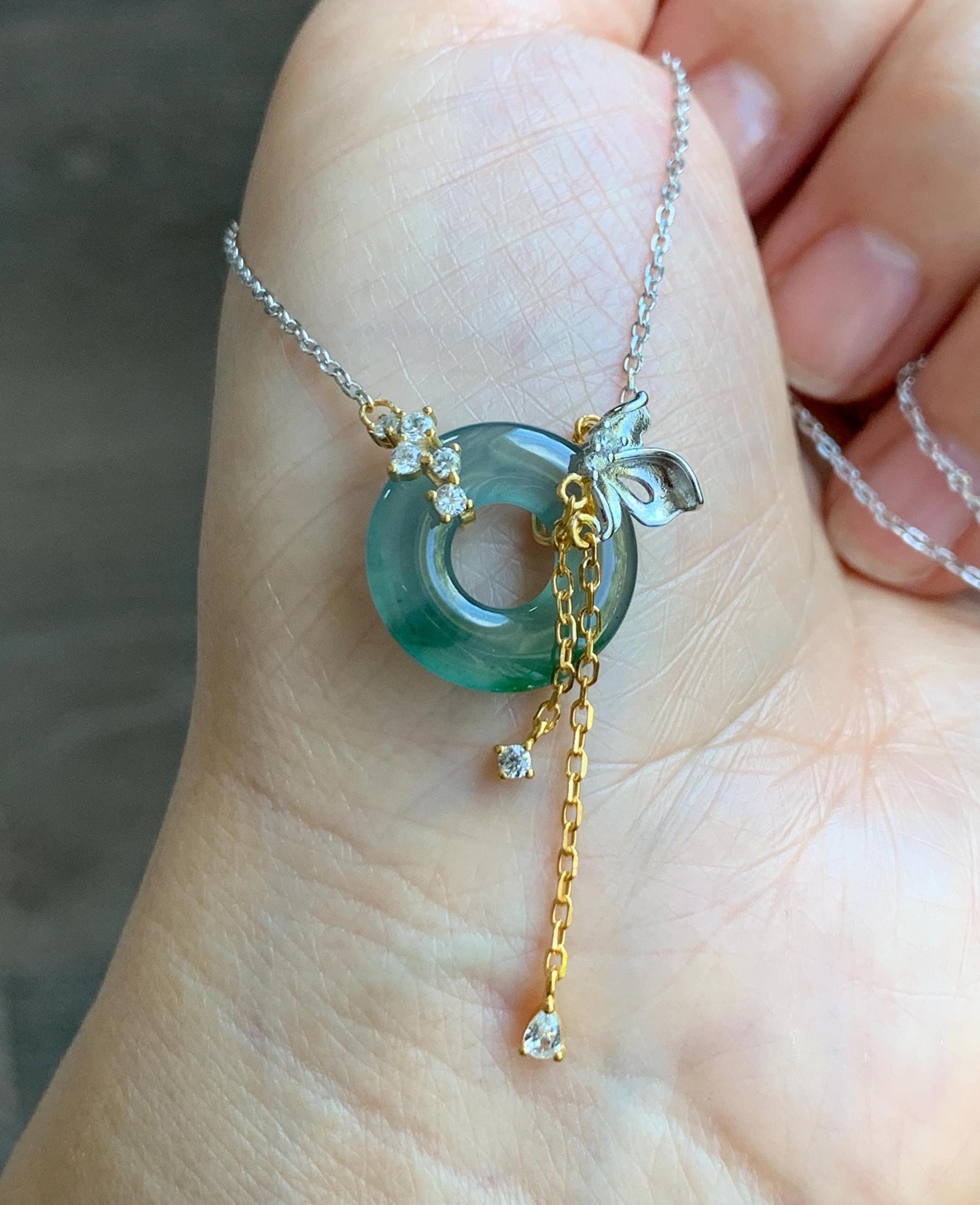Natural Grade A Guatemalan Icy Translucent Teal Blue Green Jade Jadeite Ping An Kou Donut Necklace Sterling Silver 天然冰危蓝飘花翡翠平安扣锁骨链 WLK110