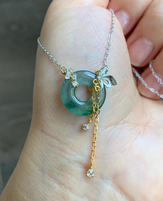 Natural Grade A Guatemalan Icy Translucent Teal Blue Green Jade Jadeite Ping An Kou Donut Necklace Sterling Silver 天然冰危蓝飘花翡翠平安扣锁骨链 WLK110