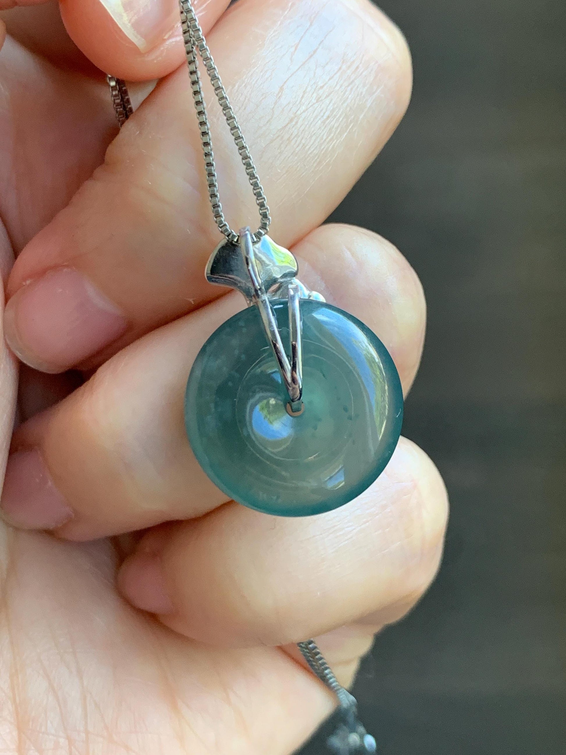 Certified Natural Grade A Guatemalan Icy Translucent Dark Teal Jadeite Ping An Kou Donut Ginkgo Pendant Sterling Silver 天然冰危蓝绿翡翠平安扣吊坠 3767