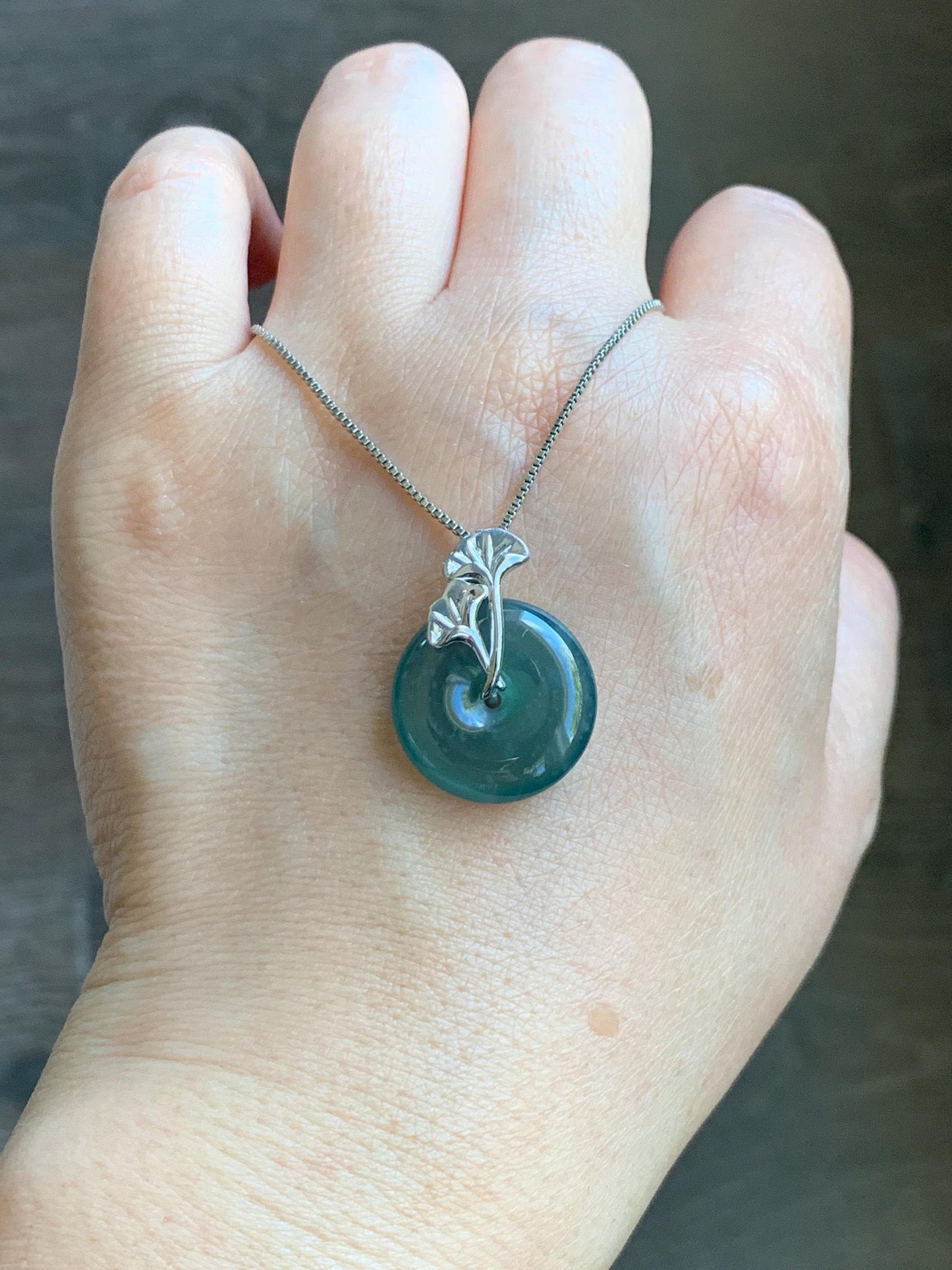 Certified Natural Grade A Guatemalan Icy Translucent Dark Teal Jadeite Ping An Kou Donut Ginkgo Pendant Sterling Silver 天然冰危蓝绿翡翠平安扣吊坠 3767