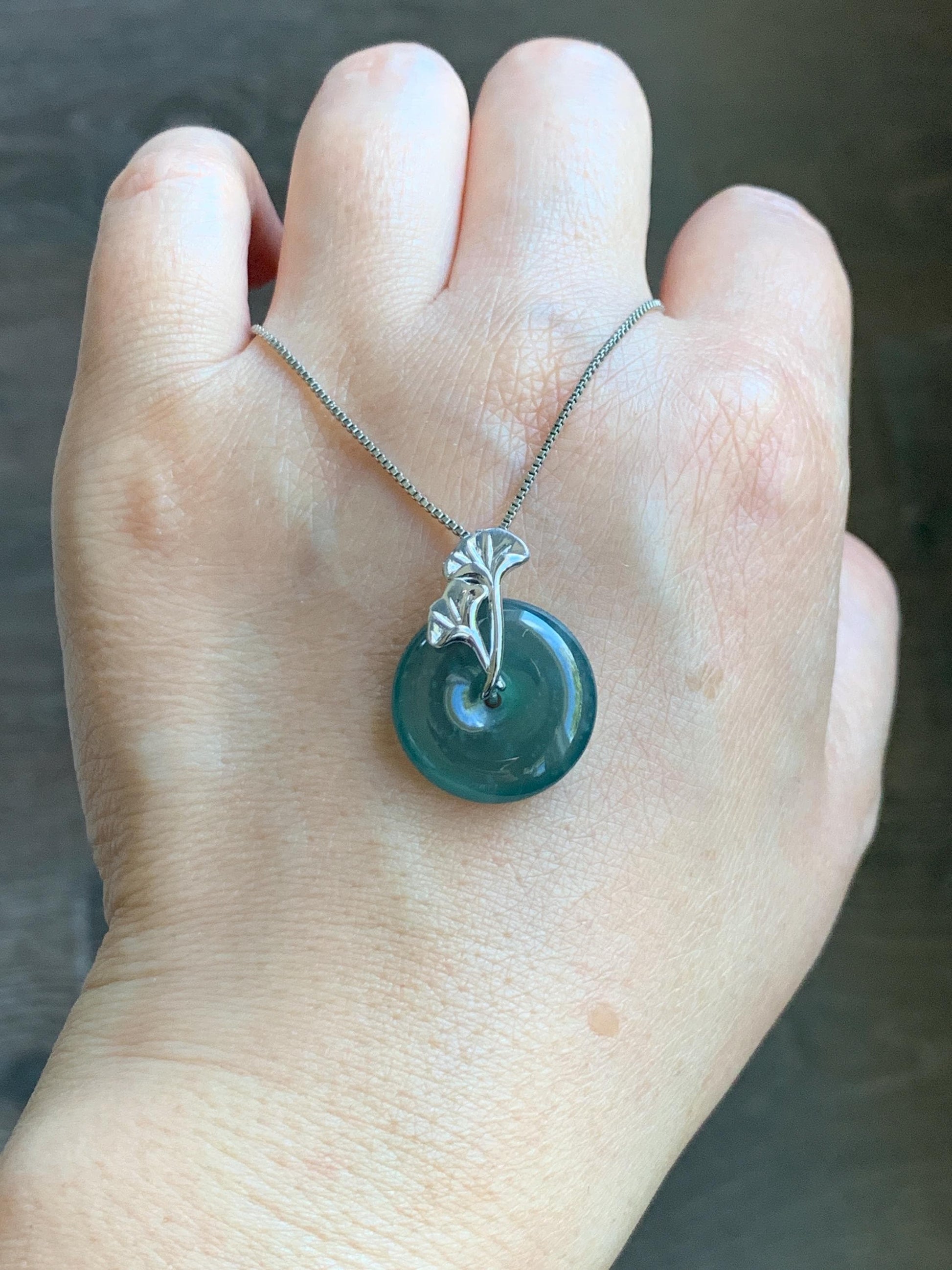 Certified Natural Grade A Guatemalan Icy Translucent Dark Teal Jadeite Ping An Kou Donut Ginkgo Pendant Sterling Silver 天然冰危蓝绿翡翠平安扣吊坠 3767