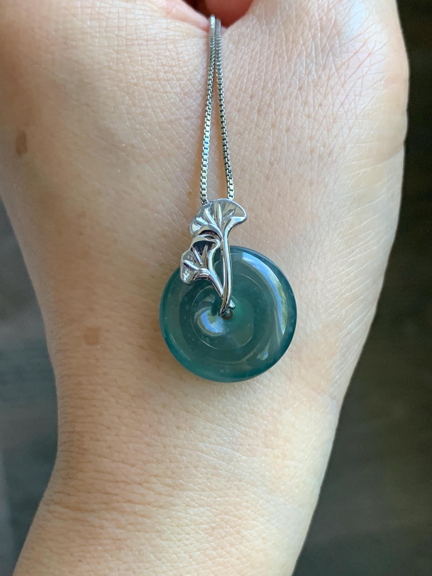 Certified Natural Grade A Guatemalan Icy Translucent Dark Teal Jadeite Ping An Kou Donut Ginkgo Pendant Sterling Silver 天然冰危蓝绿翡翠平安扣吊坠 3767