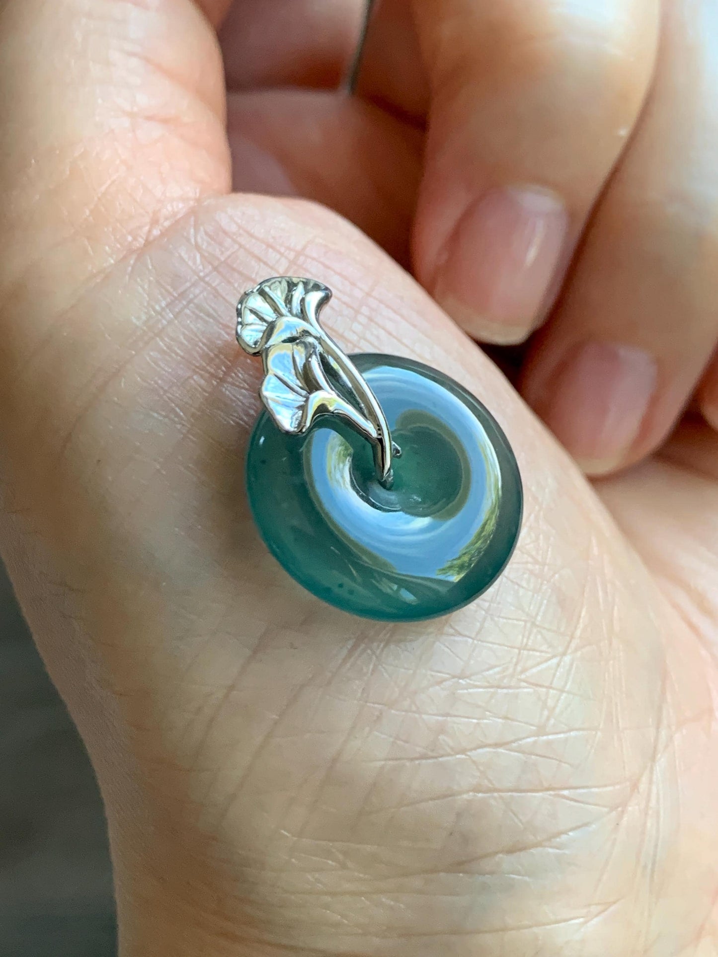 Certified Natural Grade A Guatemalan Icy Translucent Dark Teal Jadeite Ping An Kou Donut Ginkgo Pendant Sterling Silver 天然冰危蓝绿翡翠平安扣吊坠 3767