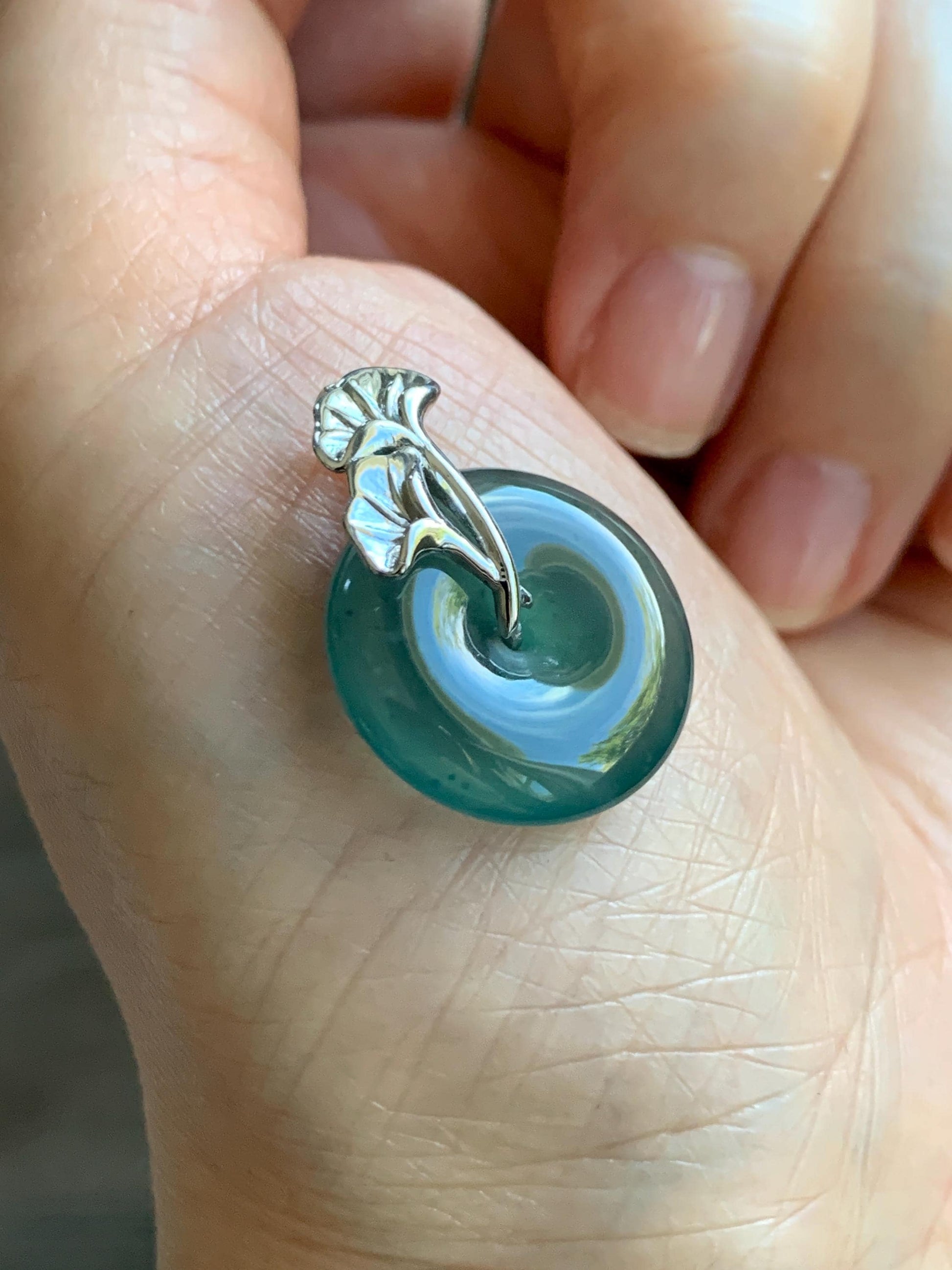 Certified Natural Grade A Guatemalan Icy Translucent Dark Teal Jadeite Ping An Kou Donut Ginkgo Pendant Sterling Silver 天然冰危蓝绿翡翠平安扣吊坠 3767