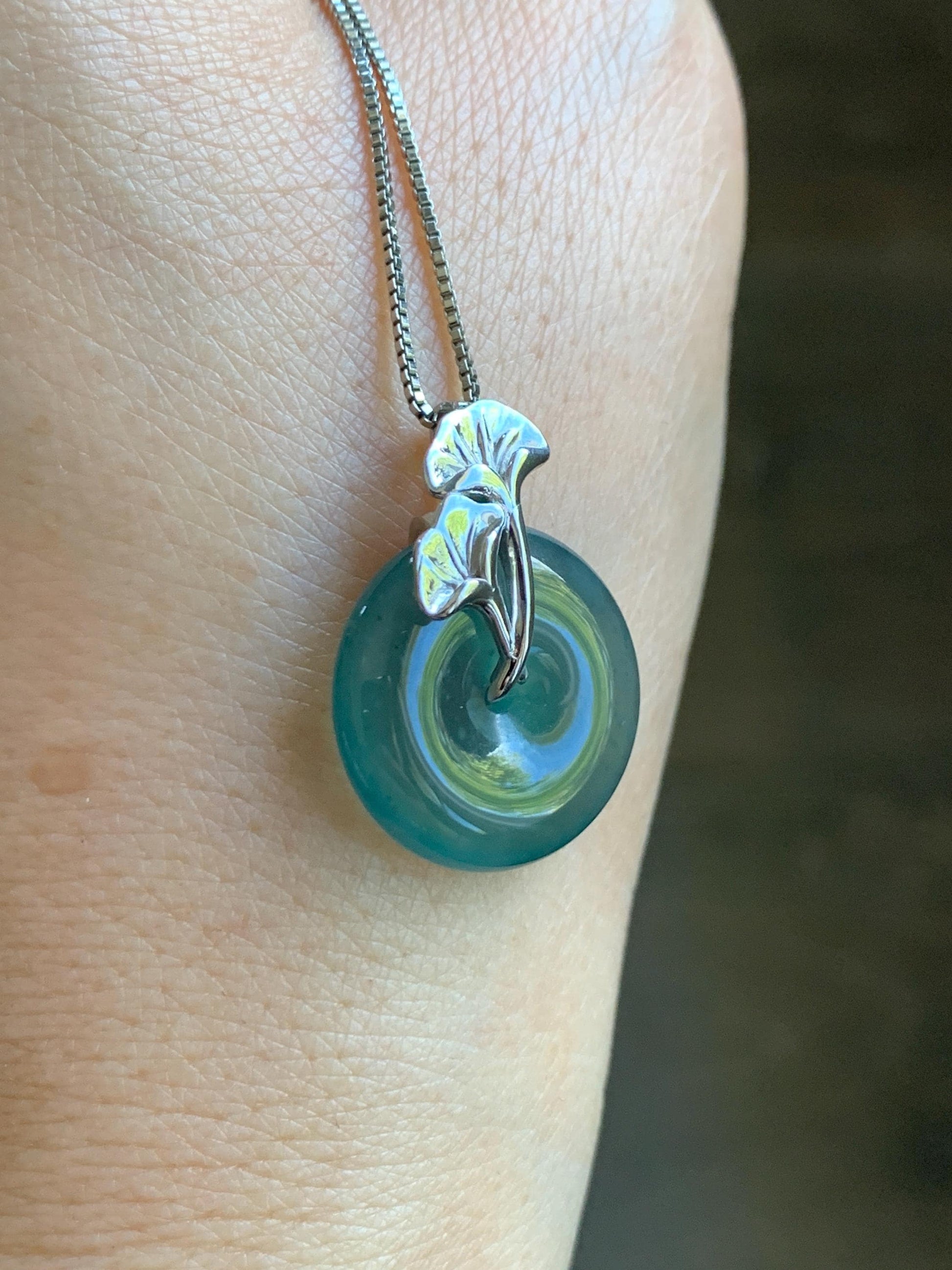 Certified Natural Grade A Guatemalan Icy Translucent Dark Teal Jadeite Ping An Kou Donut Ginkgo Pendant Sterling Silver 天然冰危蓝绿翡翠平安扣吊坠 3767