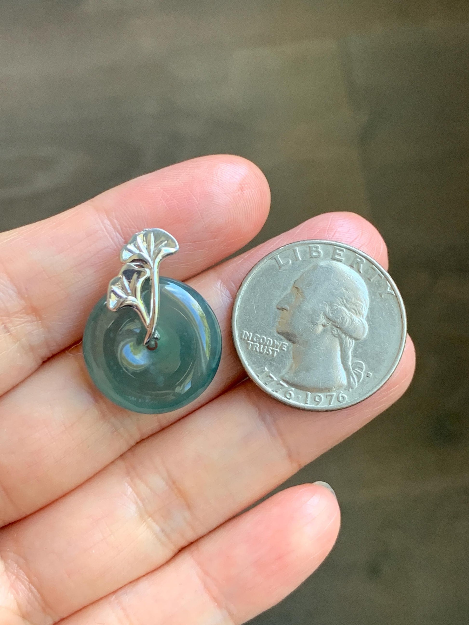 Certified Natural Grade A Guatemalan Icy Translucent Dark Teal Jadeite Ping An Kou Donut Ginkgo Pendant Sterling Silver 天然冰危蓝绿翡翠平安扣吊坠 3767