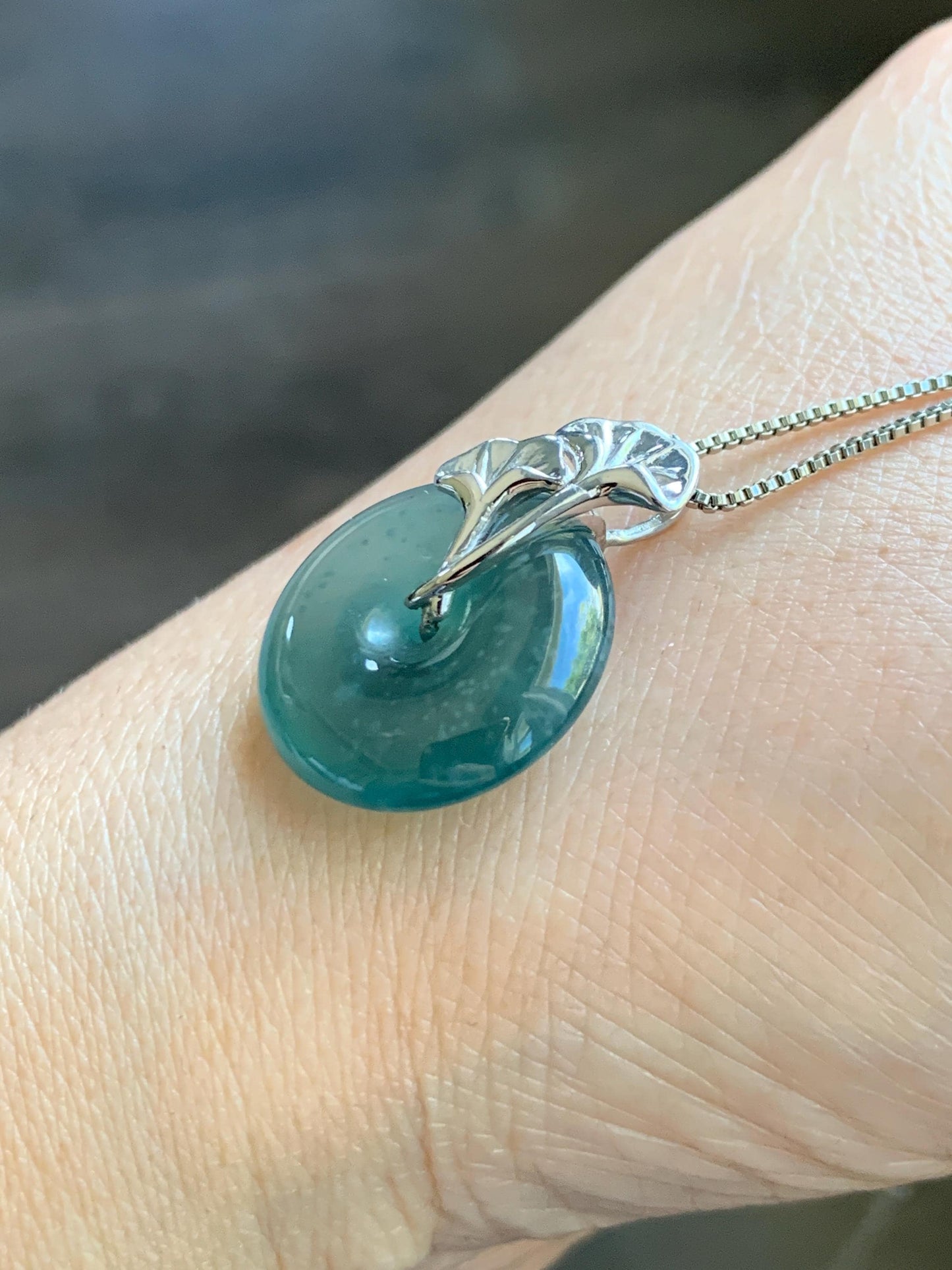 Certified Natural Grade A Guatemalan Icy Translucent Dark Teal Jadeite Ping An Kou Donut Ginkgo Pendant Sterling Silver 天然冰危蓝绿翡翠平安扣吊坠 3767