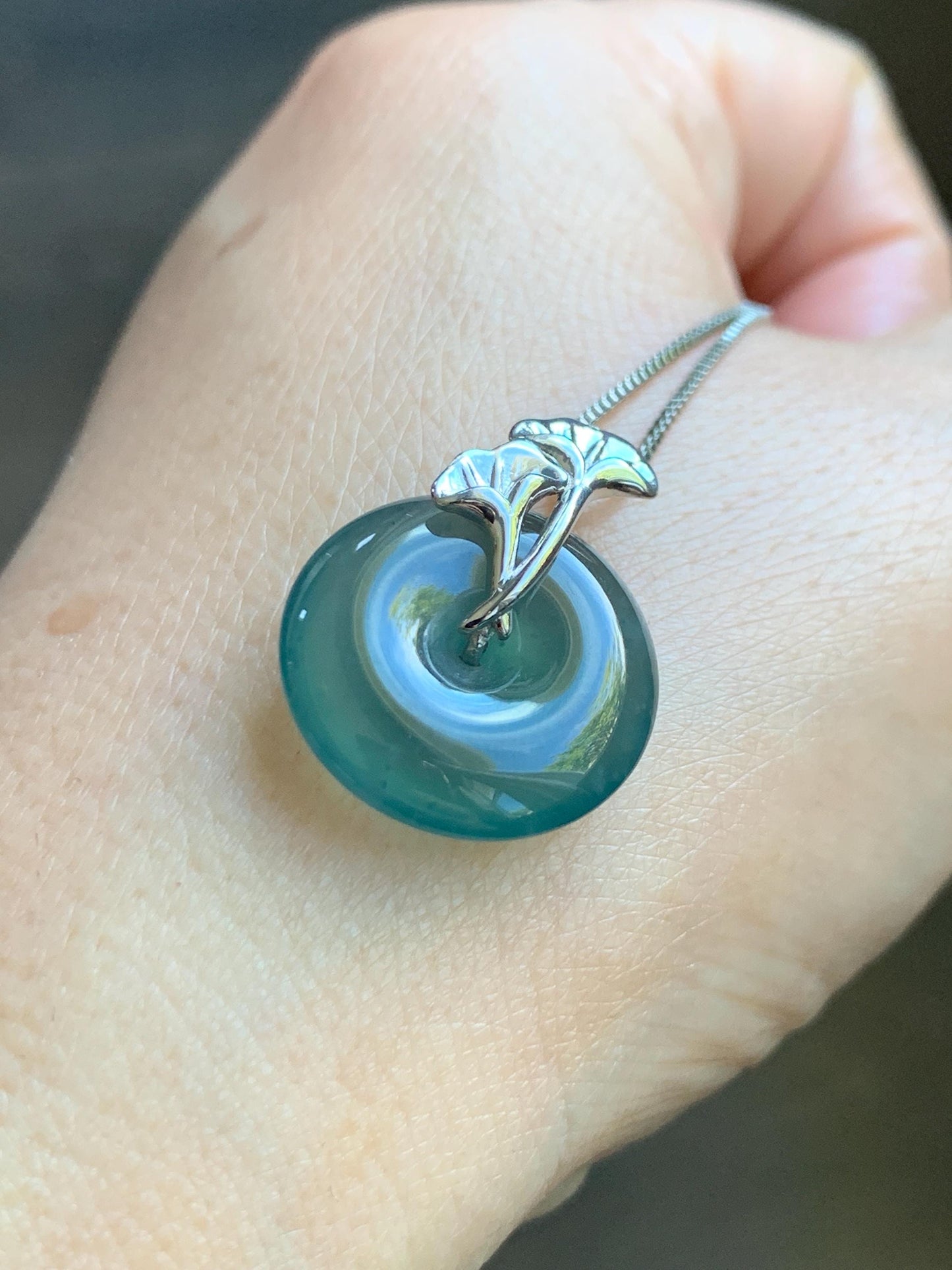 Certified Natural Grade A Guatemalan Icy Translucent Dark Teal Jadeite Ping An Kou Donut Ginkgo Pendant Sterling Silver 天然冰危蓝绿翡翠平安扣吊坠 3767