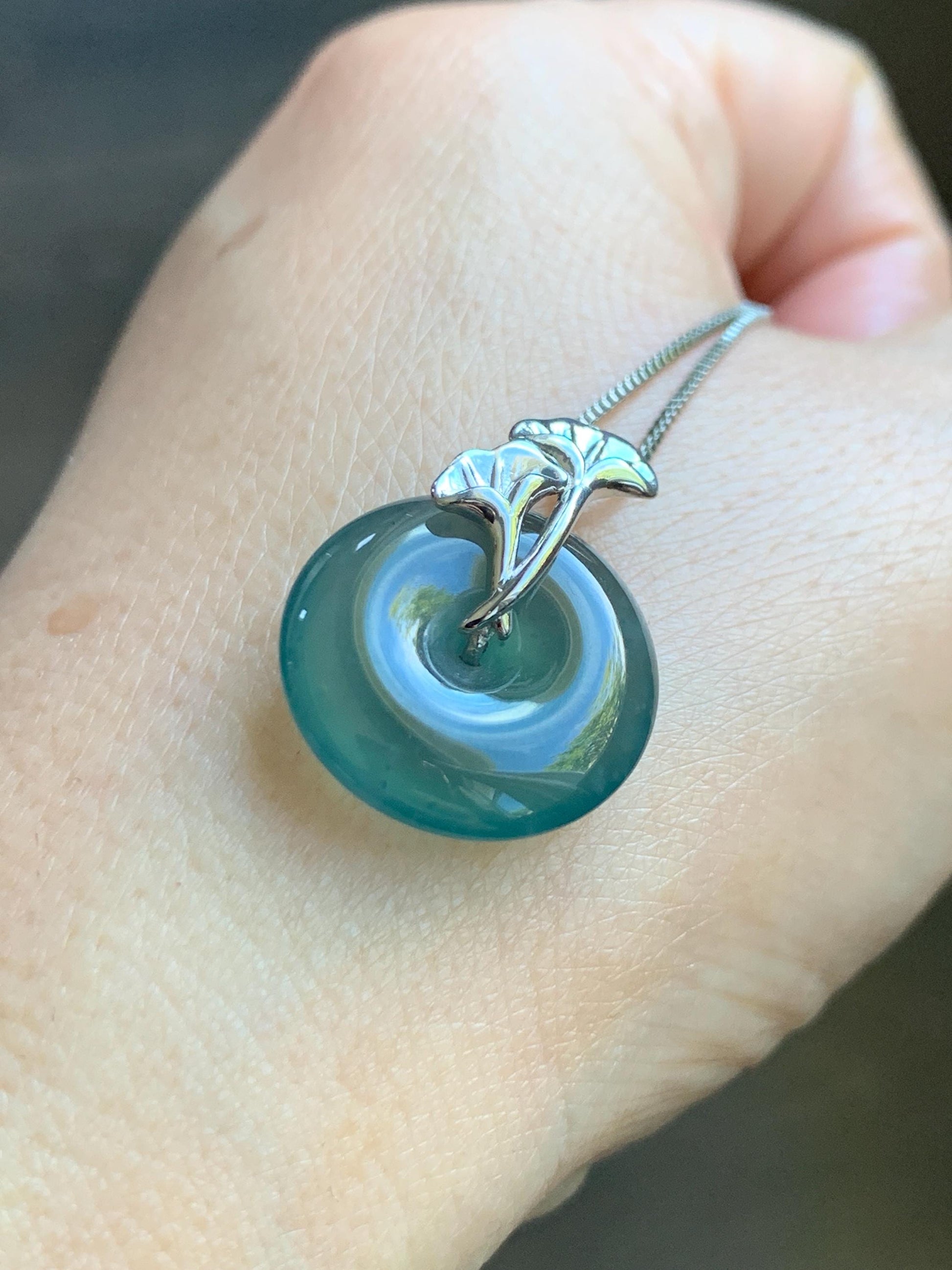 Certified Natural Grade A Guatemalan Icy Translucent Dark Teal Jadeite Ping An Kou Donut Ginkgo Pendant Sterling Silver 天然冰危蓝绿翡翠平安扣吊坠 3767