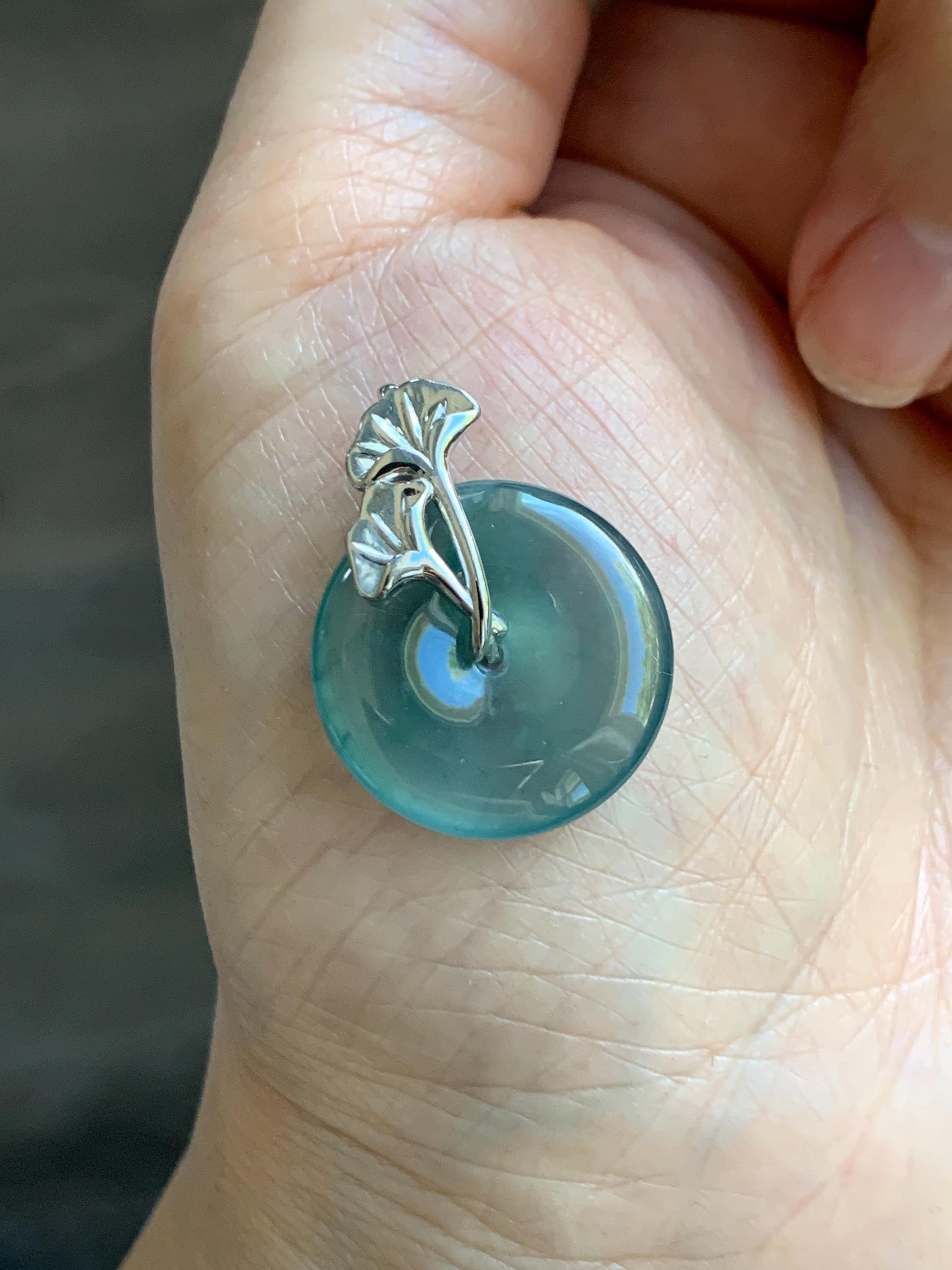 Certified Natural Grade A Guatemalan Icy Translucent Dark Teal Jadeite Ping An Kou Donut Ginkgo Pendant Sterling Silver 天然冰危蓝绿翡翠平安扣吊坠 3764